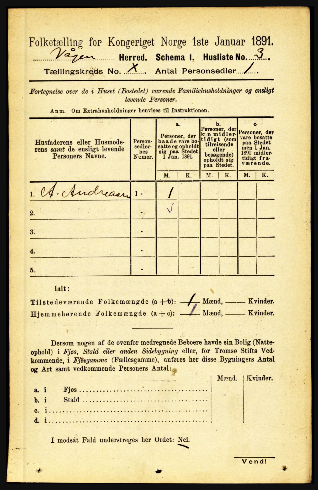 RA, 1891 census for 1865 Vågan, 1891, p. 2527