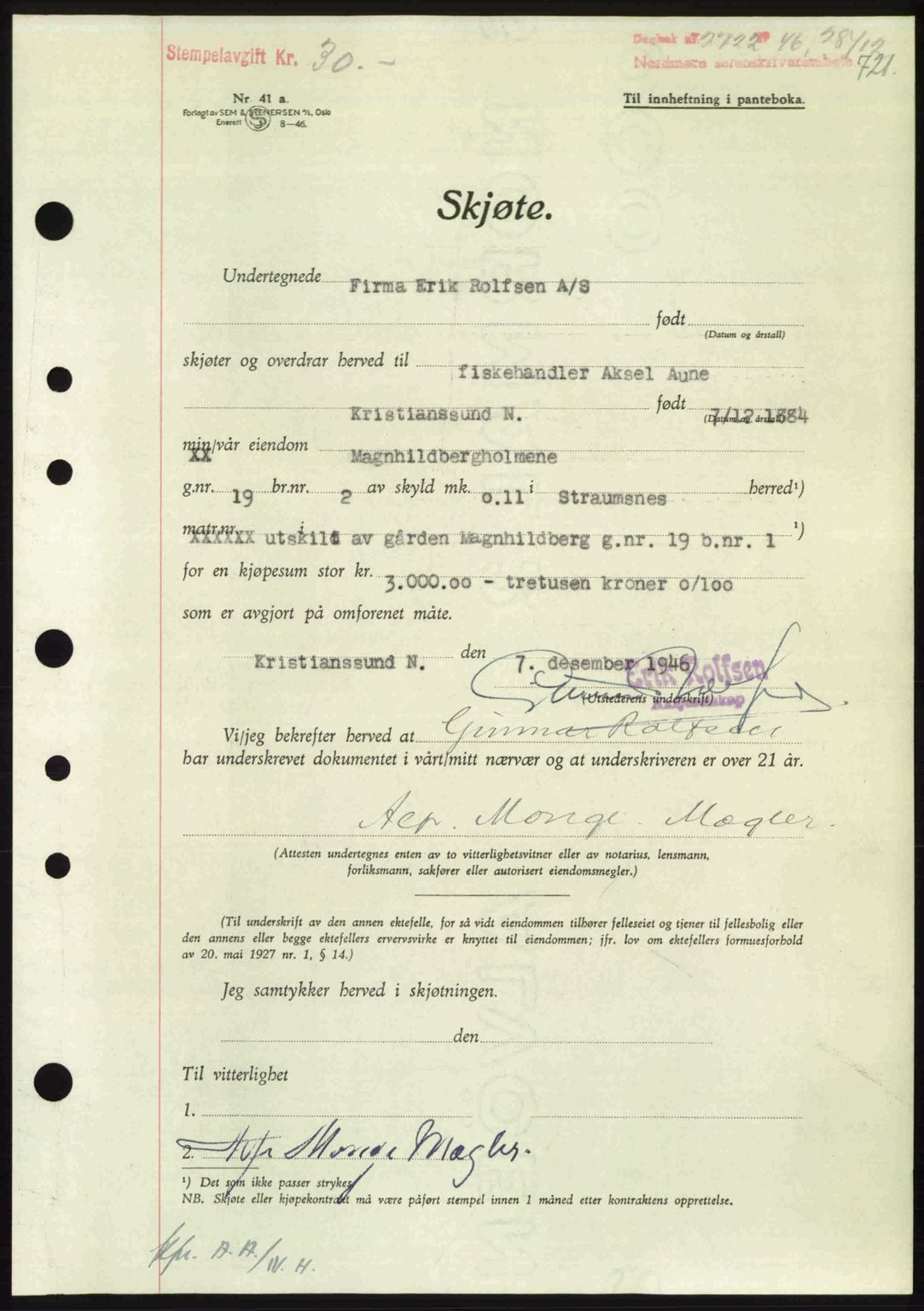 Nordmøre sorenskriveri, AV/SAT-A-4132/1/2/2Ca: Mortgage book no. A103, 1946-1947, Diary no: : 2722/1946