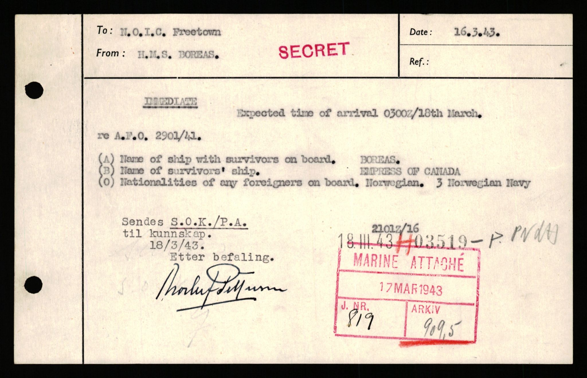 Forsvaret, Sjøforsvarets overkommando, AV/RA-RAFA-2035/D/Dc/L0306: --, 1940-1945, p. 813