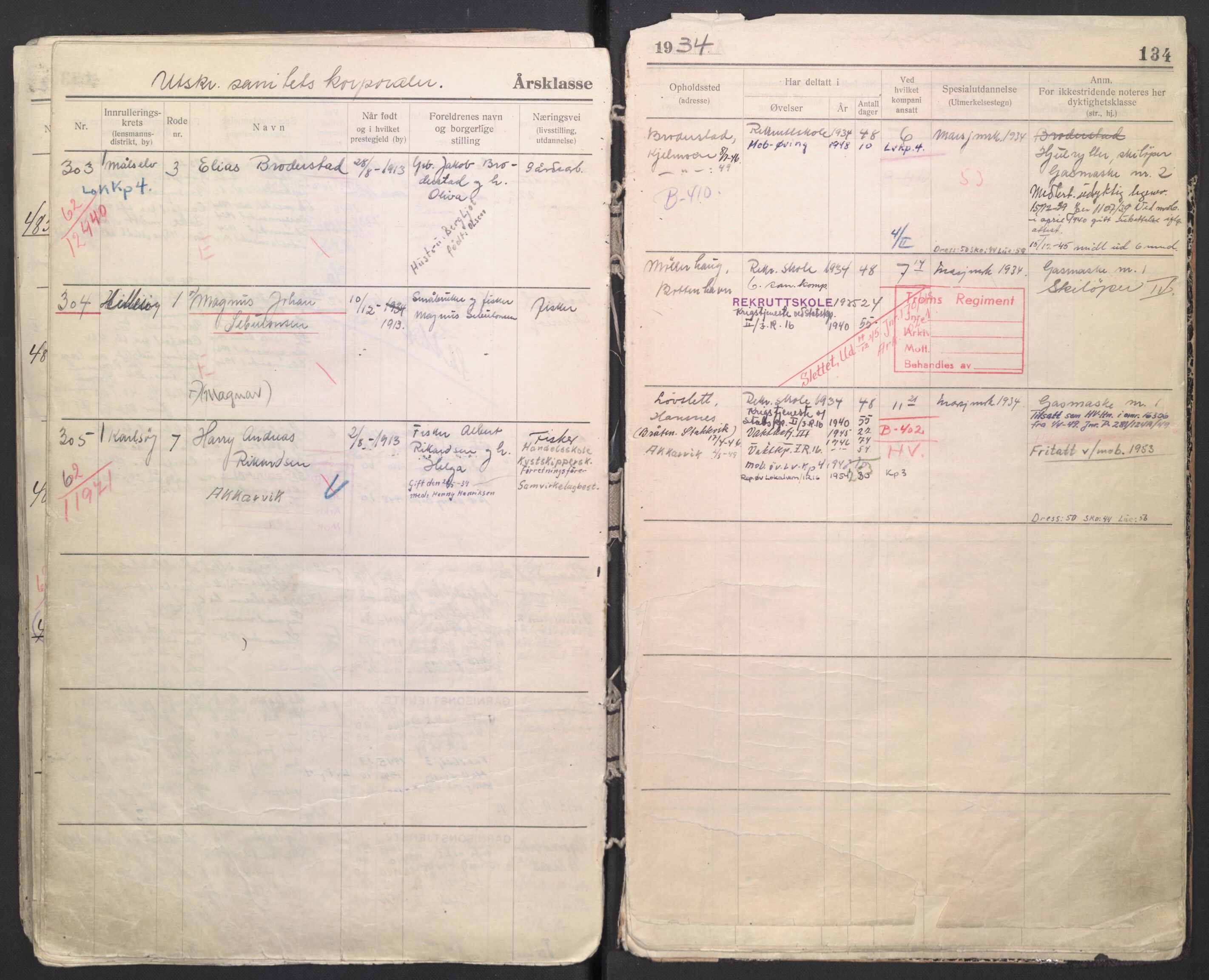 Forsvaret, Troms infanteriregiment nr. 16, AV/RA-RAFA-3146/P/Pa/L0006/0007: Ruller / Rulle for regimentets menige mannskaper, årsklasse 1934, 1934, p. 134