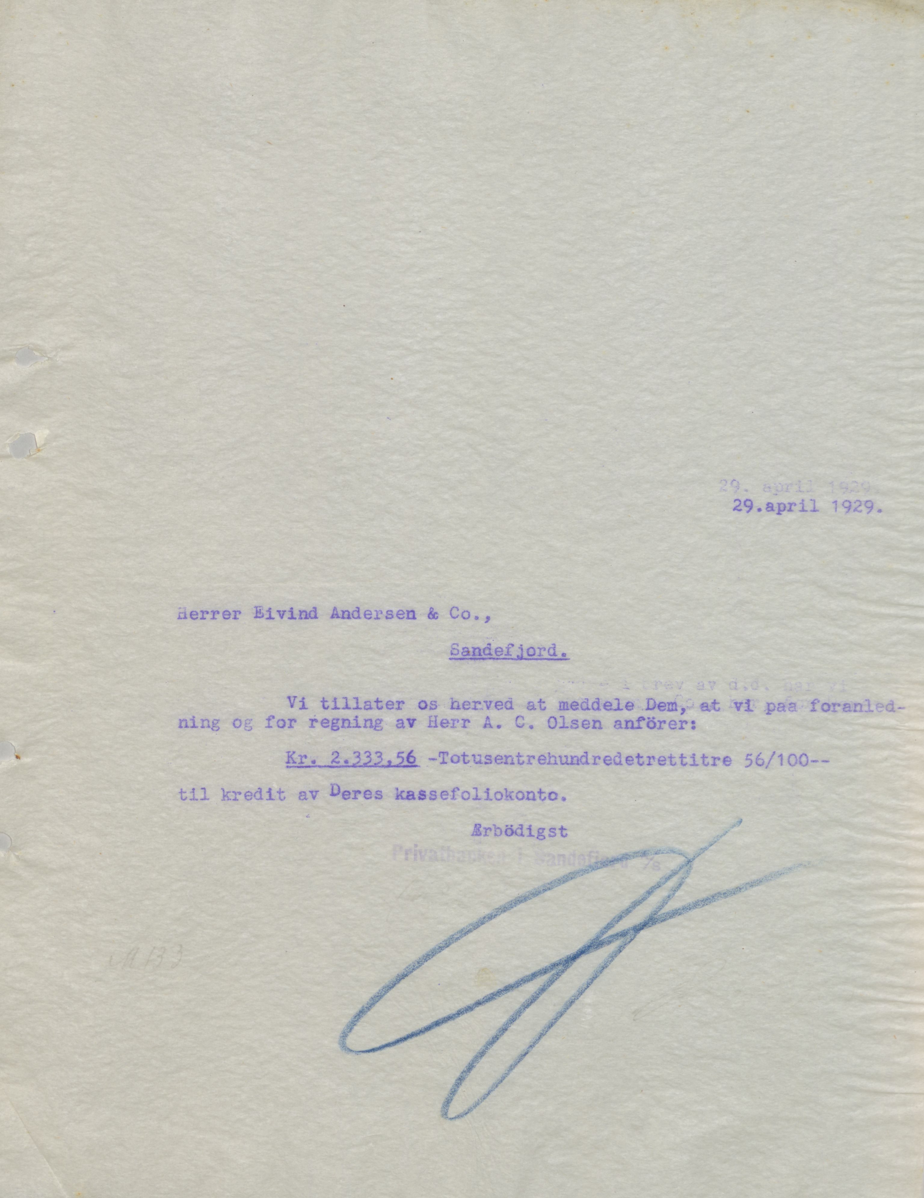 Privatbanken i Sandefjord AS, VEMU/ARS-A-1256/B/Ba/L0002: Kopibok, 1929