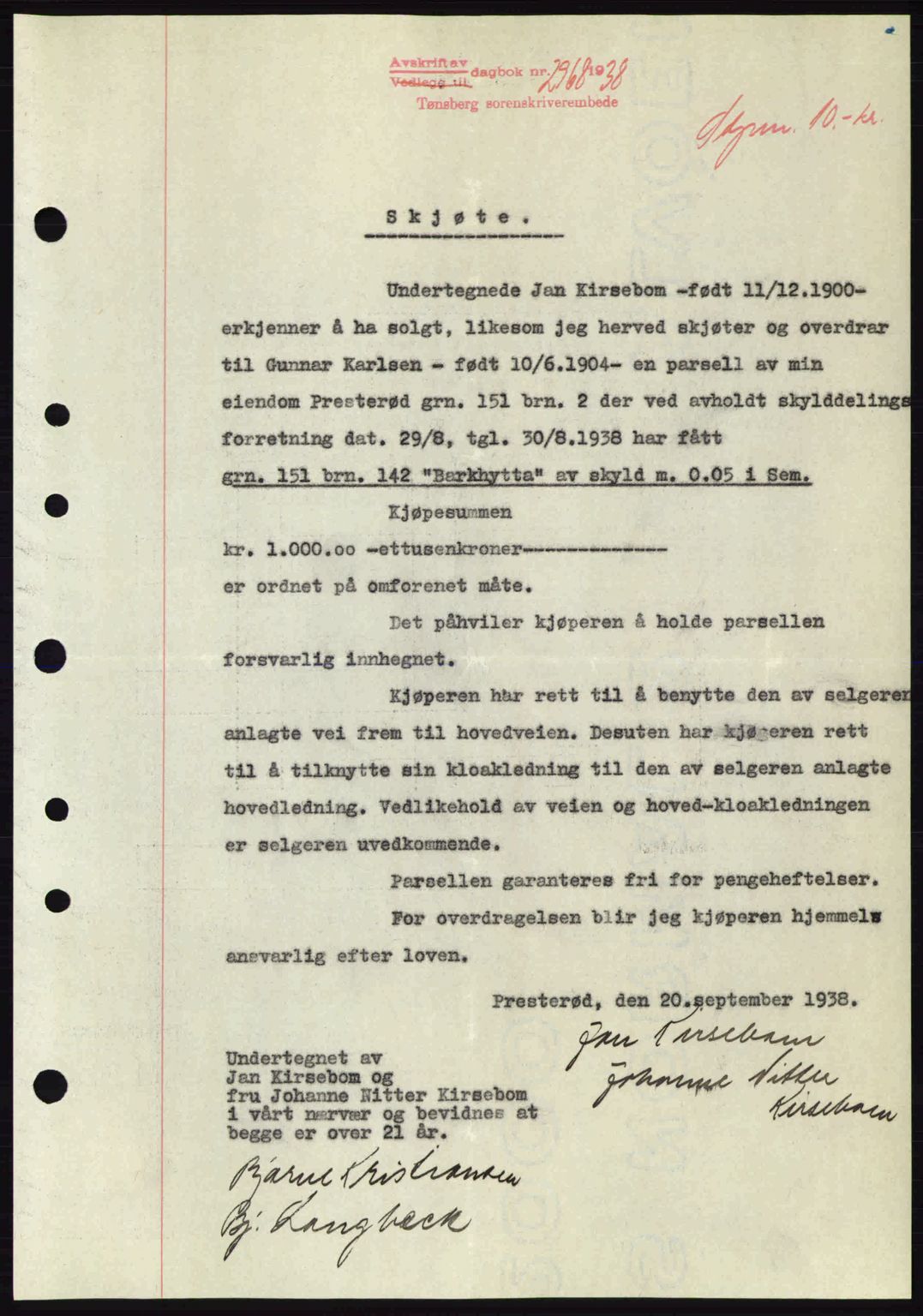 Jarlsberg sorenskriveri, SAKO/A-131/G/Ga/Gaa/L0006: Mortgage book no. A-6, 1938-1939, Diary no: : 2968/1938