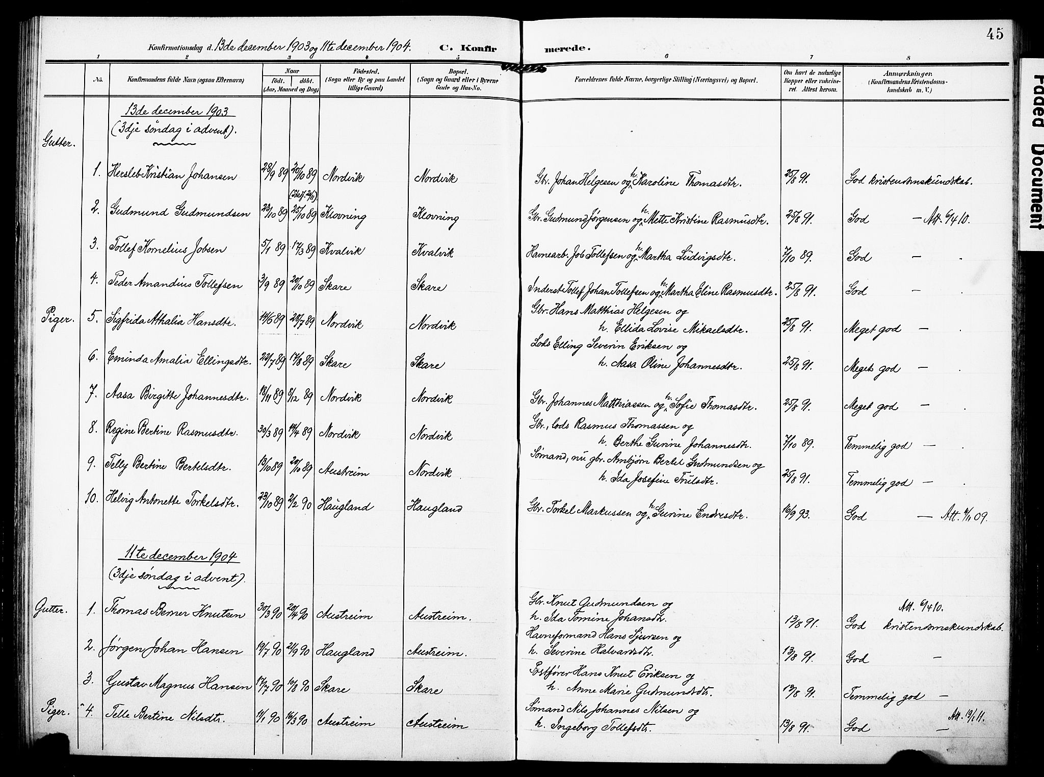 Torvastad sokneprestkontor, SAST/A -101857/H/Ha/Haa/L0018: Parish register (official) no. A 17, 1903-1925, p. 45