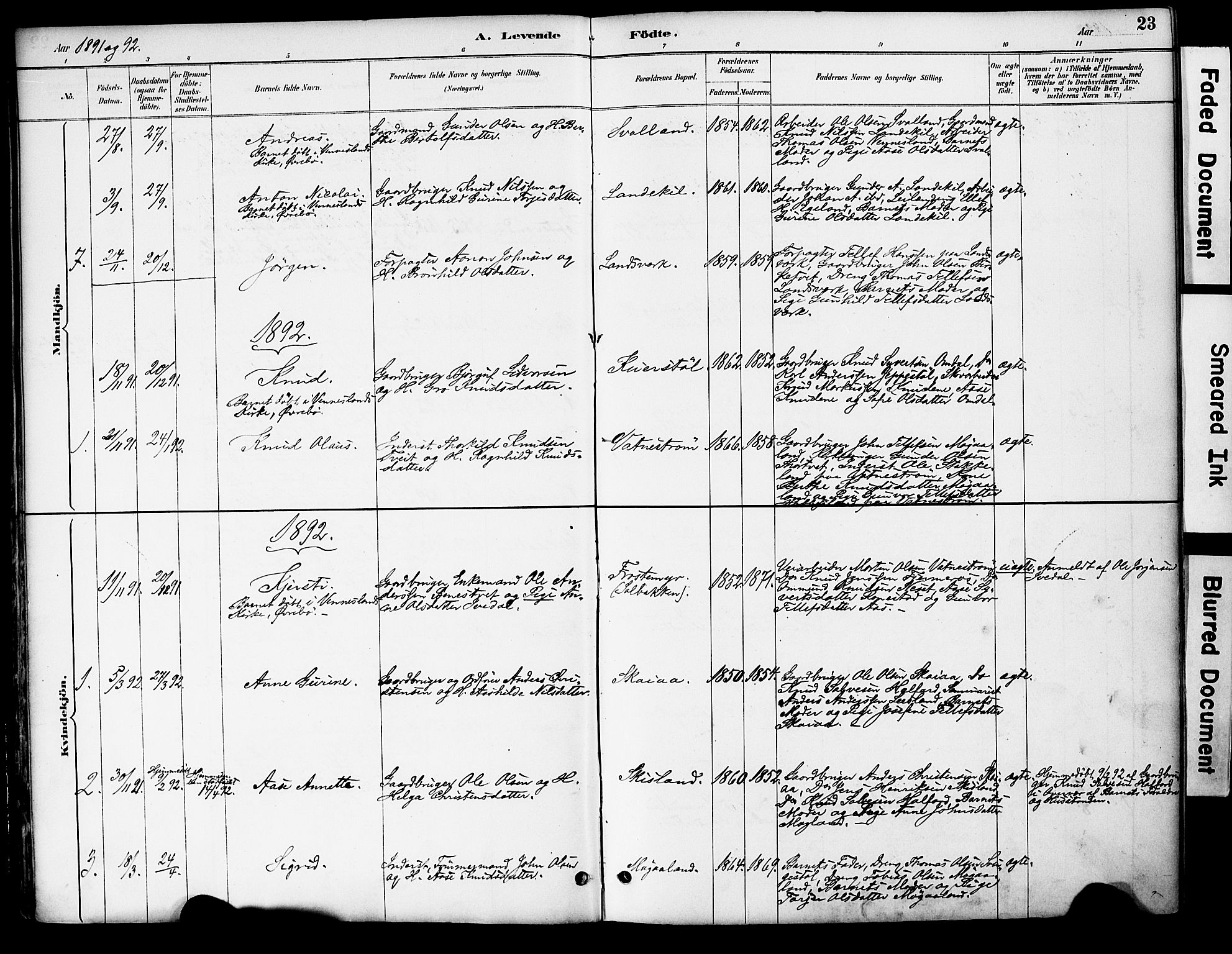 Evje sokneprestkontor, AV/SAK-1111-0008/F/Fa/Fac/L0003: Parish register (official) no. A 3, 1884-1909, p. 23