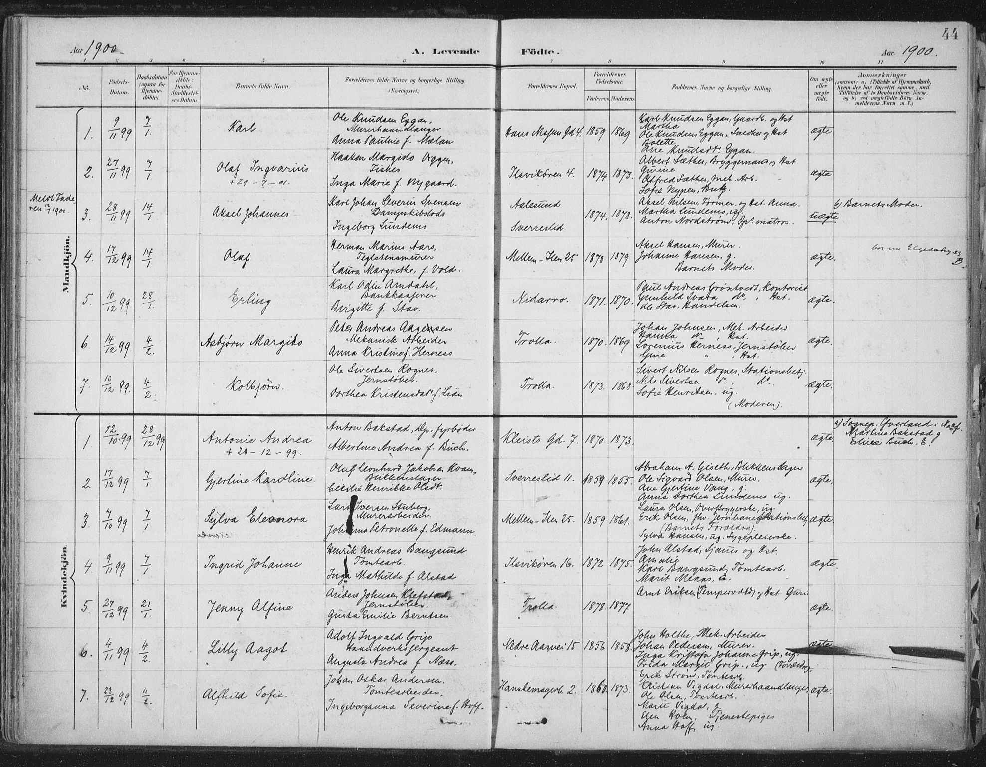 Ministerialprotokoller, klokkerbøker og fødselsregistre - Sør-Trøndelag, SAT/A-1456/603/L0167: Parish register (official) no. 603A06, 1896-1932, p. 44