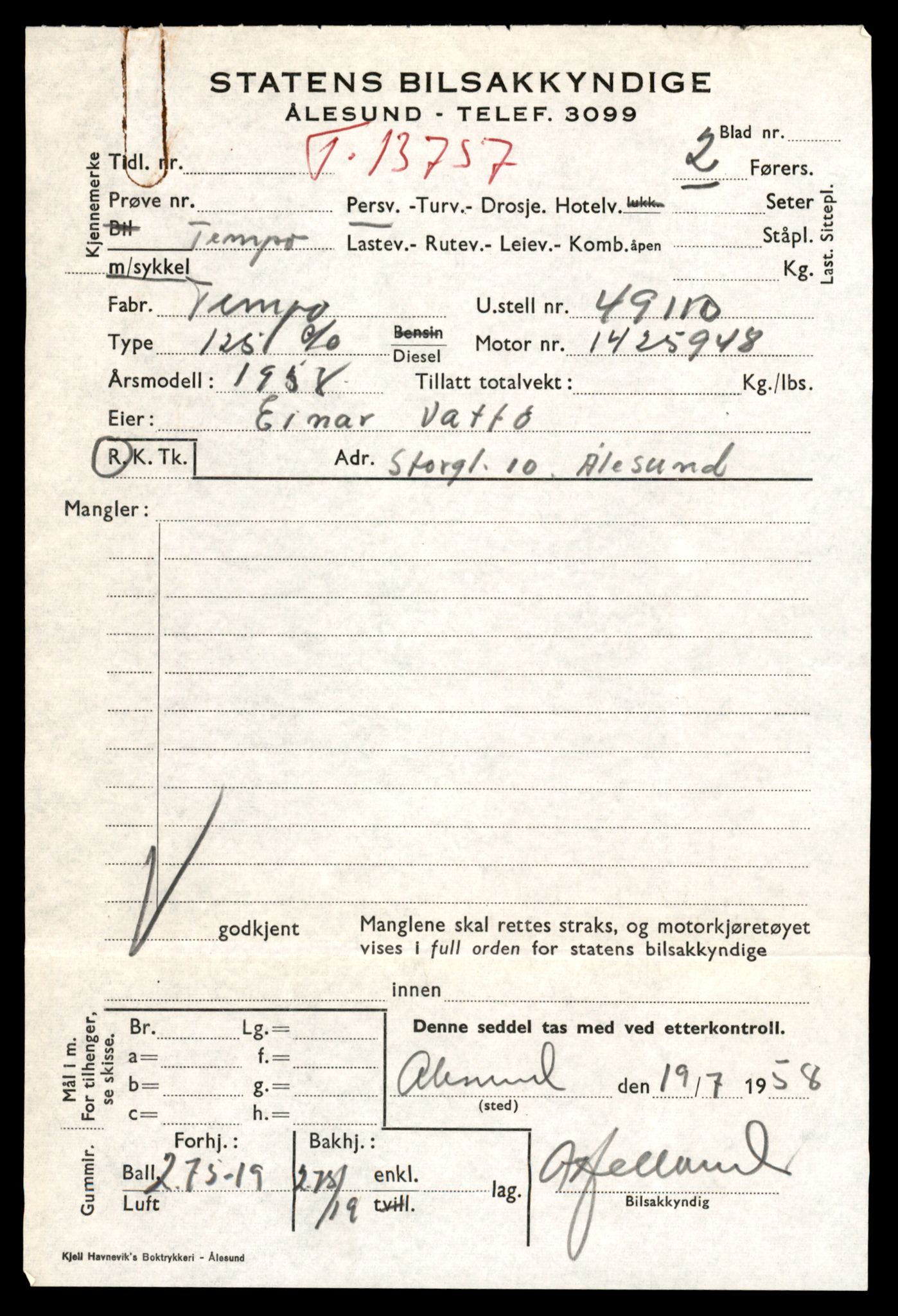 Møre og Romsdal vegkontor - Ålesund trafikkstasjon, AV/SAT-A-4099/F/Fe/L0041: Registreringskort for kjøretøy T 13710 - T 13905, 1927-1998, p. 845