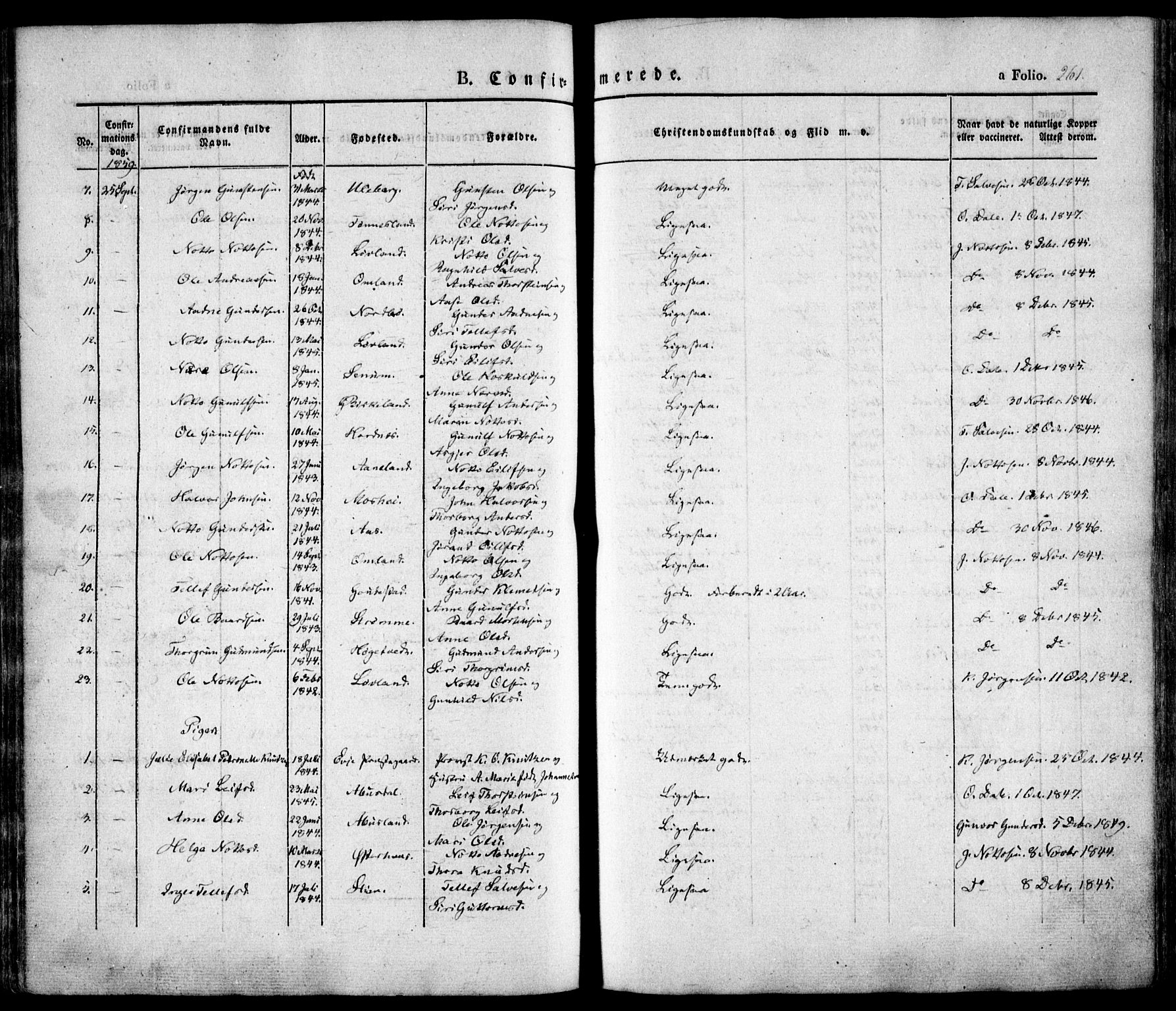 Evje sokneprestkontor, AV/SAK-1111-0008/F/Fa/Faa/L0005: Parish register (official) no. A 5, 1843-1865, p. 261