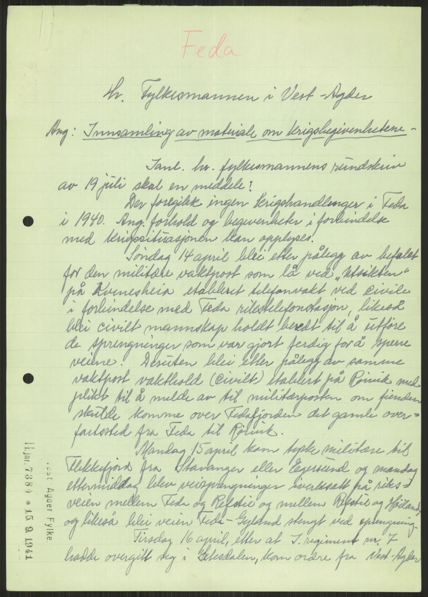 Forsvaret, Forsvarets krigshistoriske avdeling, AV/RA-RAFA-2017/Y/Ya/L0014: II-C-11-31 - Fylkesmenn.  Rapporter om krigsbegivenhetene 1940., 1940, p. 823