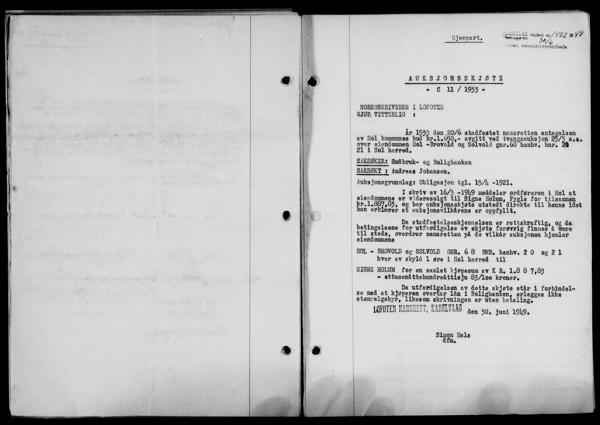 Lofoten sorenskriveri, SAT/A-0017/1/2/2C/L0021a: Mortgage book no. 21a, 1949-1949, Diary no: : 1492/1949