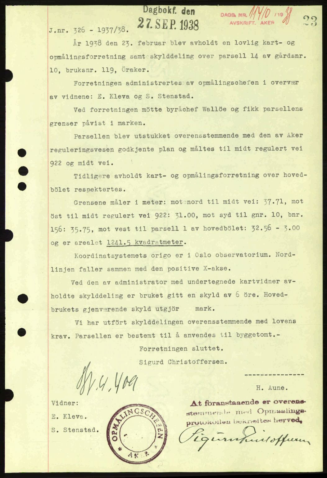 Aker herredsskriveri, SAO/A-10896/G/Gb/Gba/Gbab/L0025: Mortgage book no. A154-155, 1938-1938, Diary no: : 11410/1938