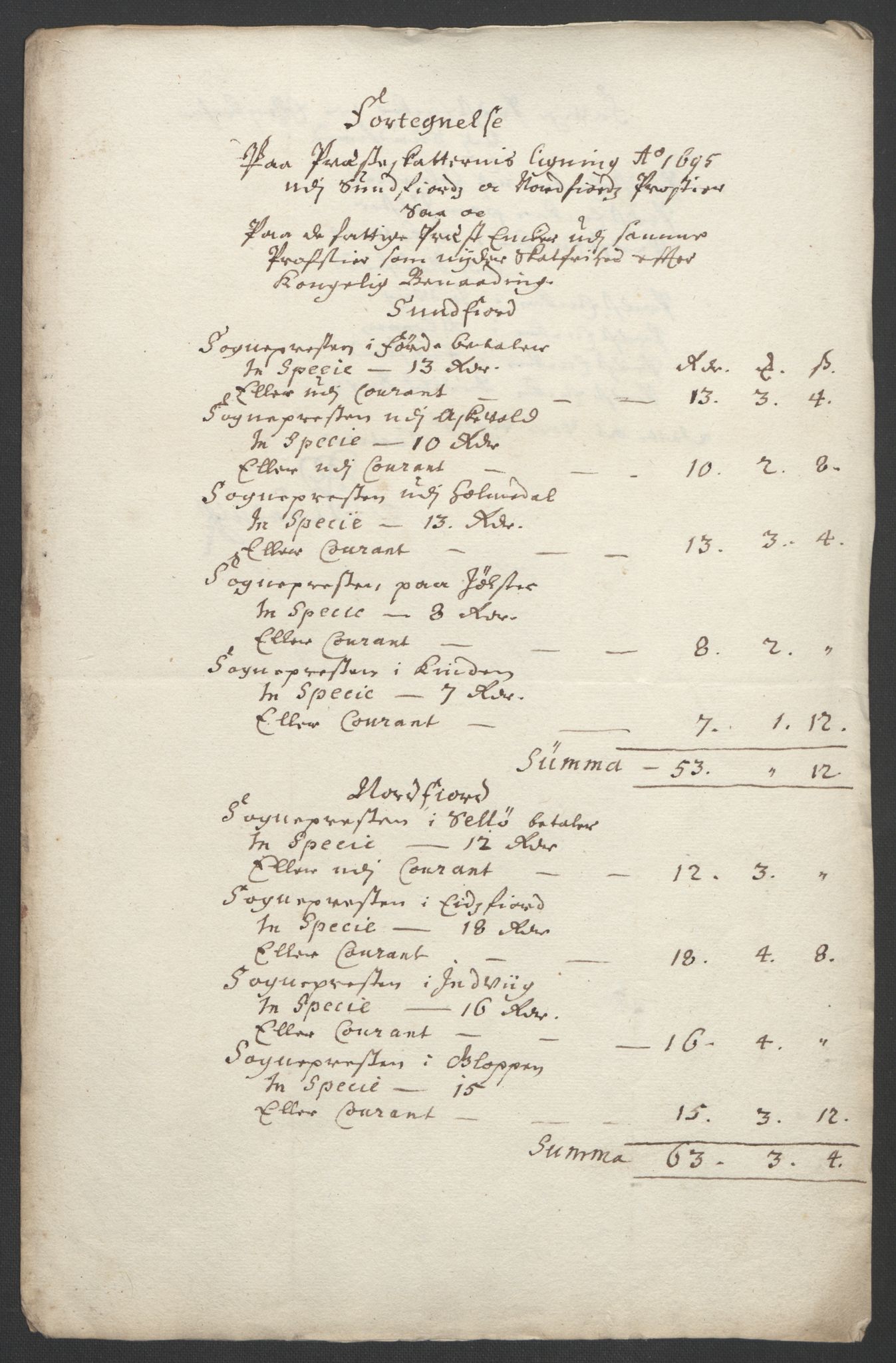 Rentekammeret inntil 1814, Reviderte regnskaper, Fogderegnskap, RA/EA-4092/R53/L3422: Fogderegnskap Sunn- og Nordfjord, 1695-1696, p. 72