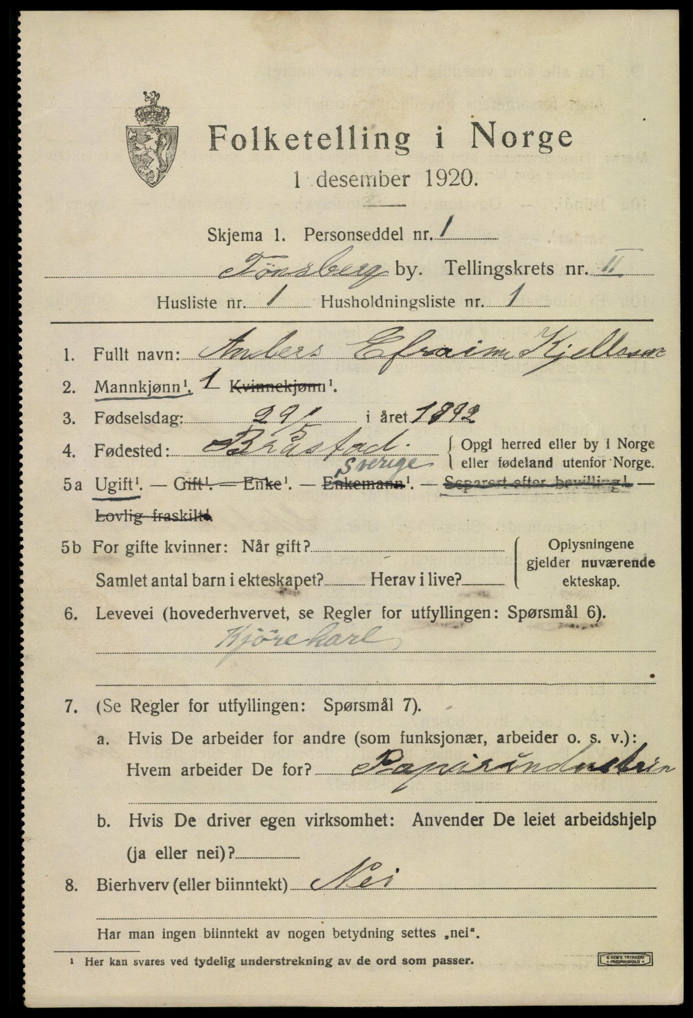 SAKO, 1920 census for Tønsberg, 1920, p. 9857