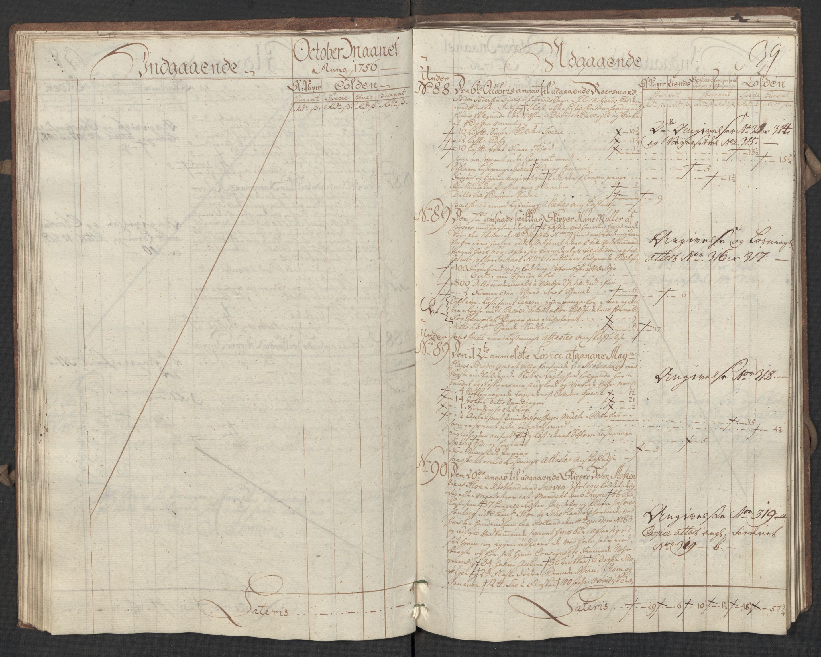 Generaltollkammeret, tollregnskaper, AV/RA-EA-5490/R17/L0017/0002: Tollregnskaper Mandal / Utgående hovedtollbok, 1756, p. 38b-39a