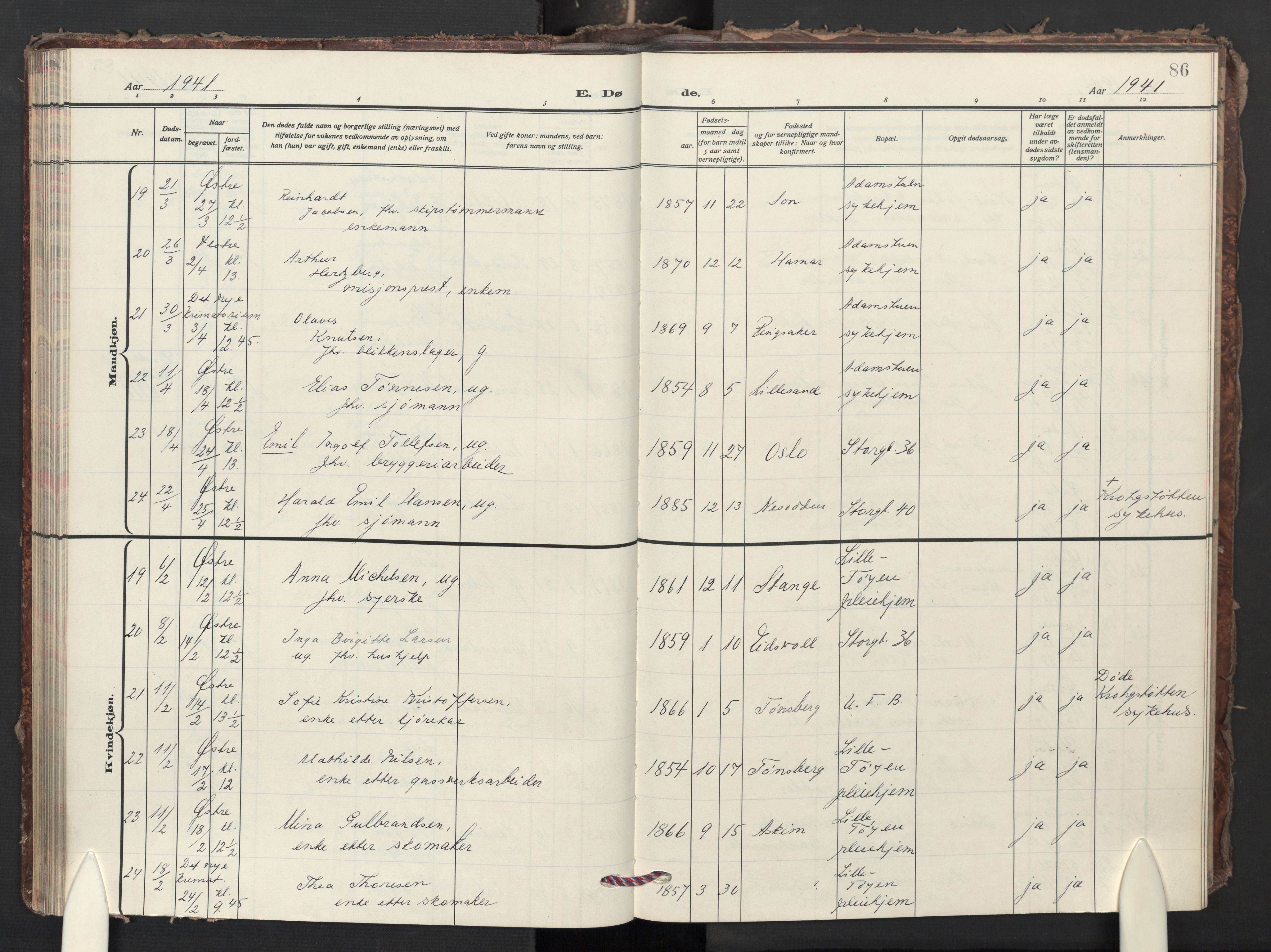 Krohgstøtten sykehusprest Kirkebøker, AV/SAO-A-10854/F/Fa/L0006: Parish register (official) no. 6, 1935-1951, p. 86