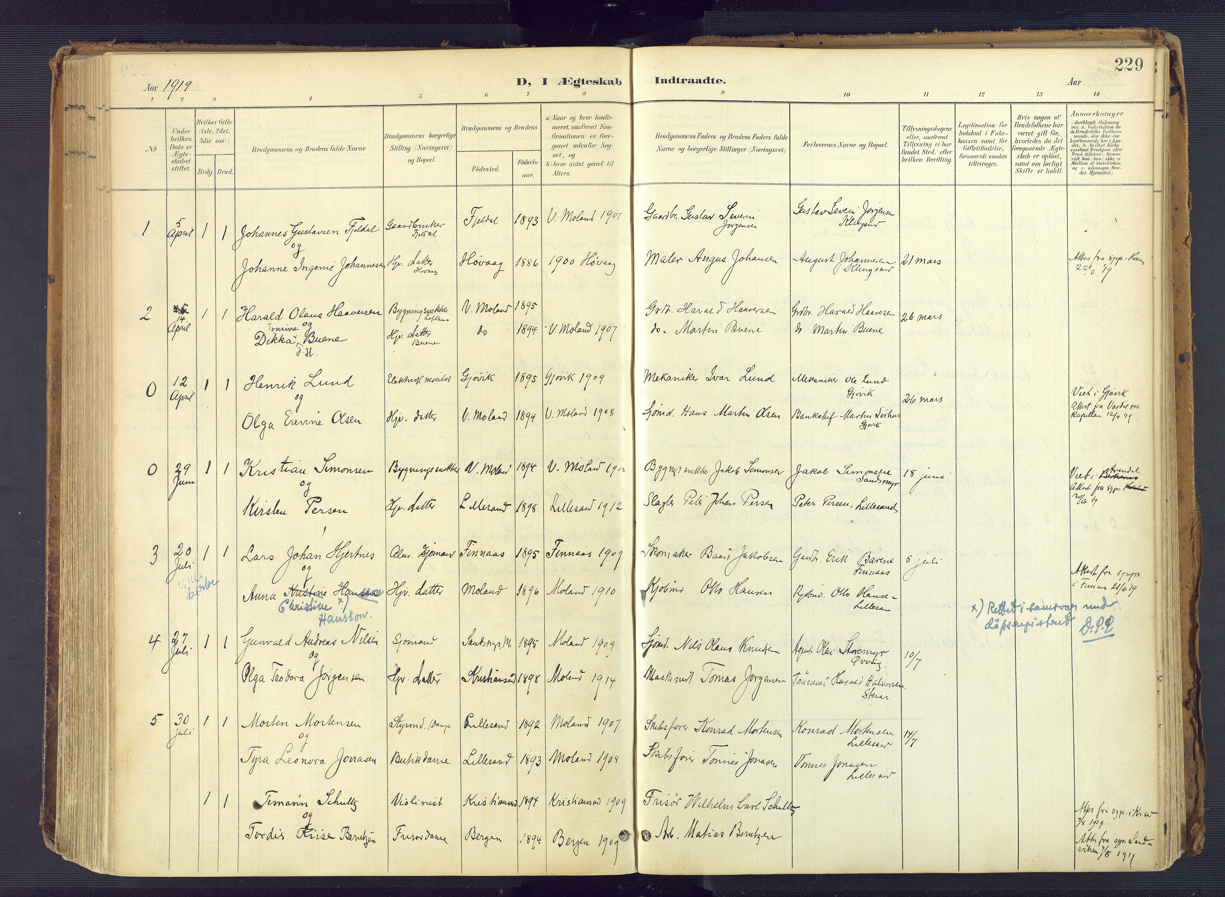 Vestre Moland sokneprestkontor, SAK/1111-0046/F/Fa/Fab/L0010: Parish register (official) no. A 10, 1900-1926, p. 229