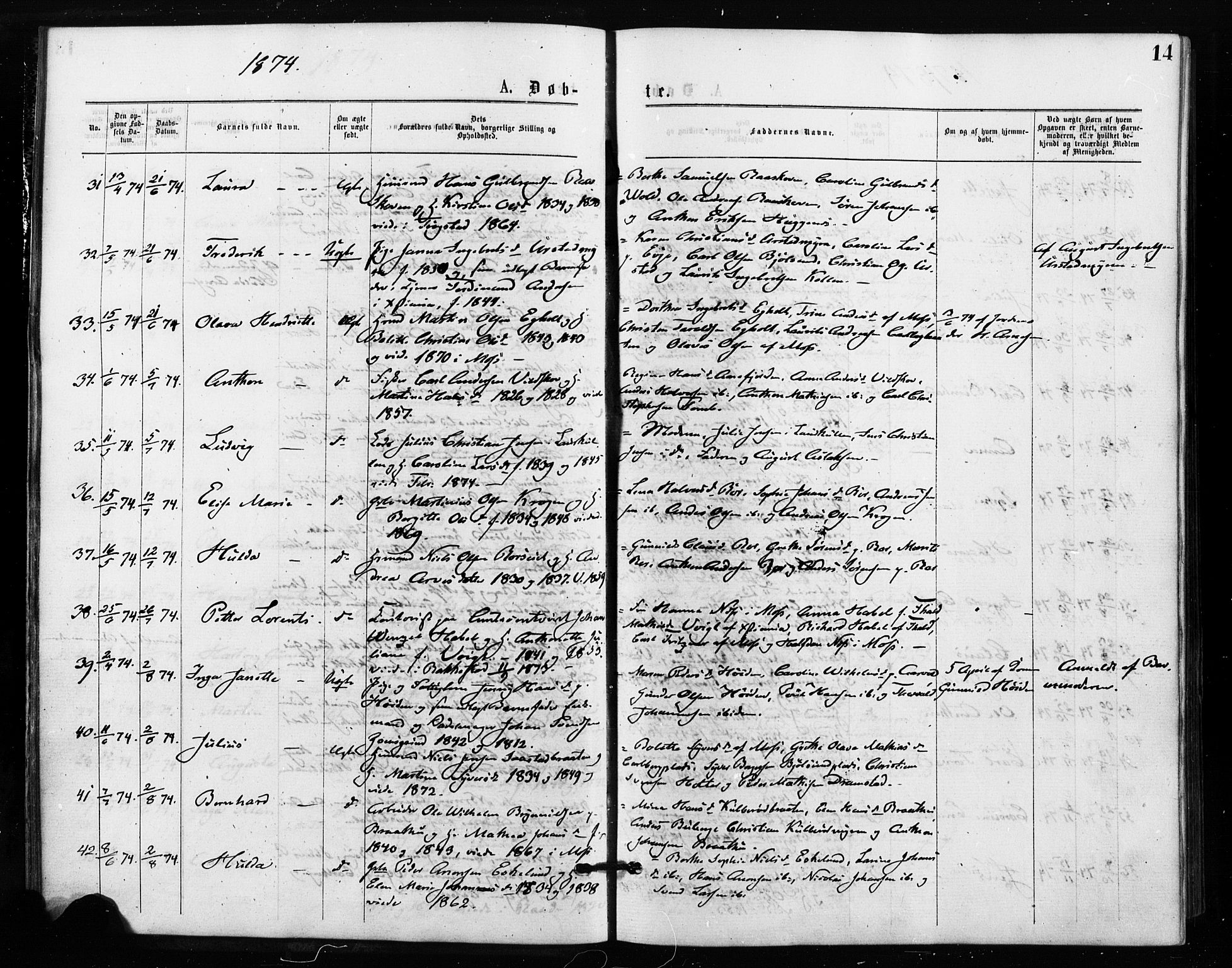 Rygge prestekontor Kirkebøker, AV/SAO-A-10084b/F/Fa/L0006: Parish register (official) no. 6, 1872-1877, p. 14