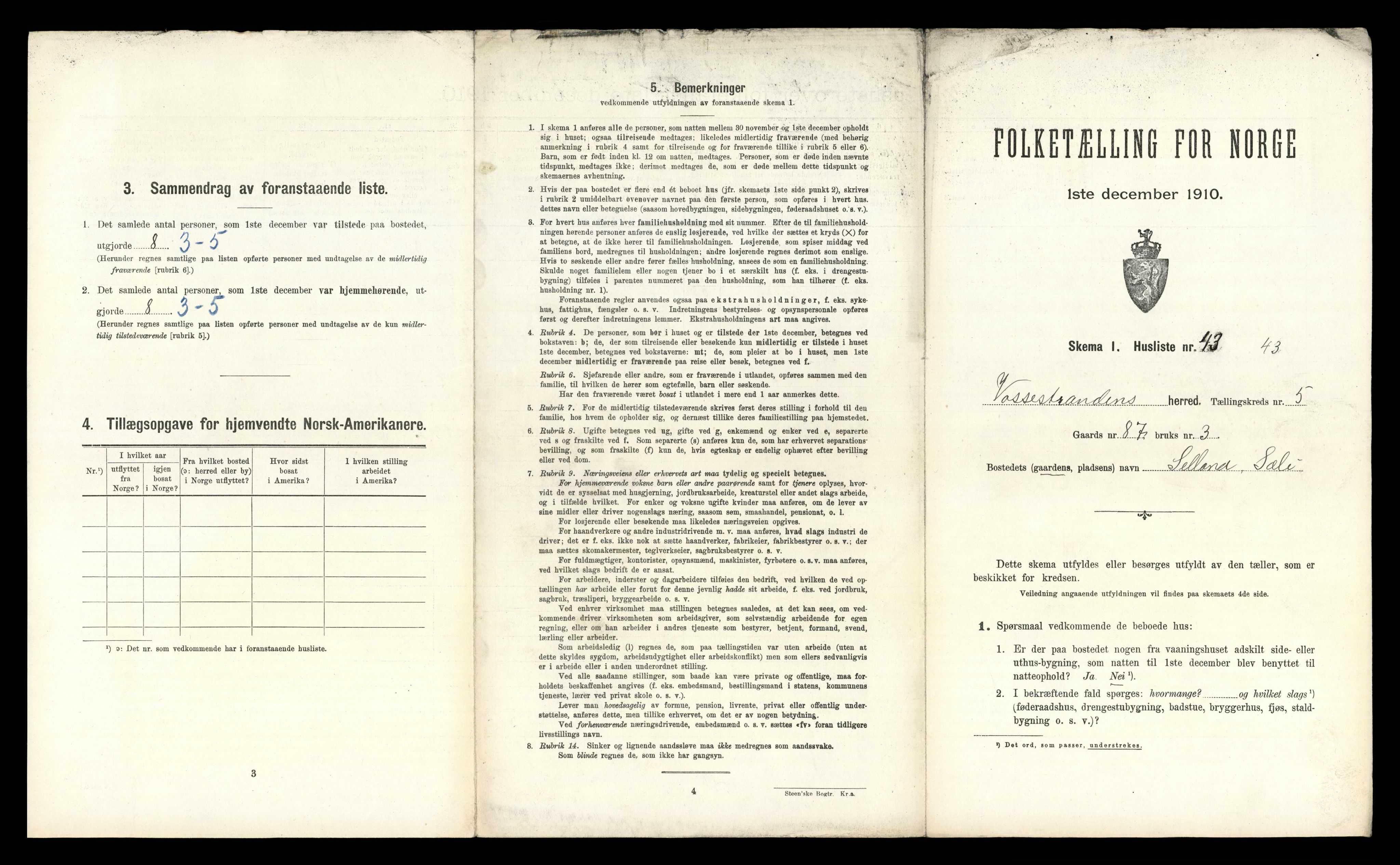 RA, 1910 census for Vossestrand, 1910, p. 627