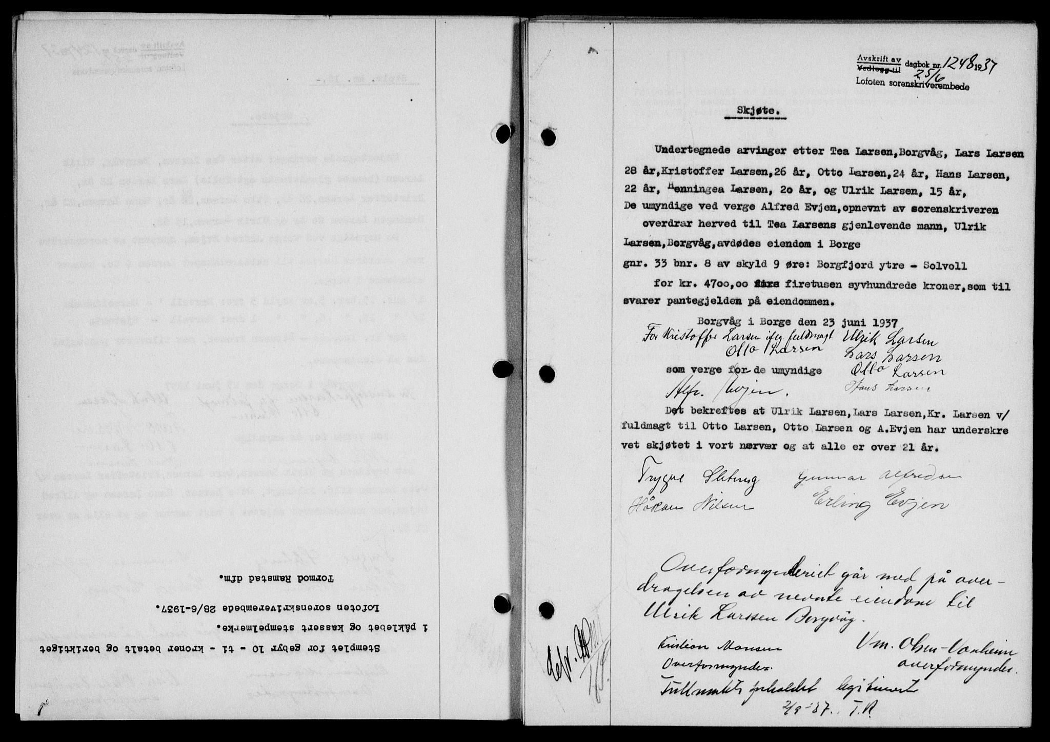 Lofoten sorenskriveri, SAT/A-0017/1/2/2C/L0002a: Mortgage book no. 2a, 1937-1937, Diary no: : 1248/1937