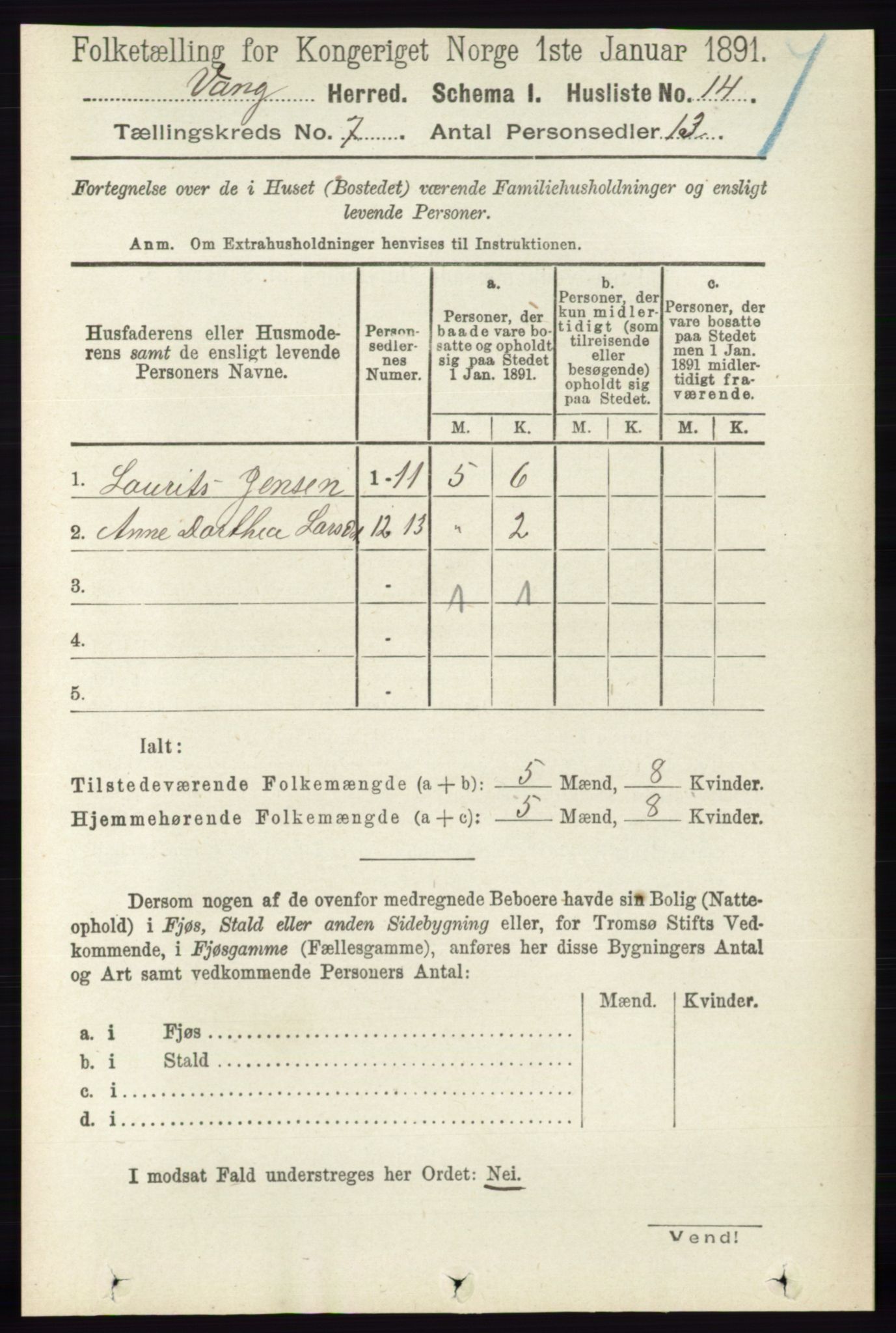 RA, 1891 census for 0414 Vang, 1891, p. 4933