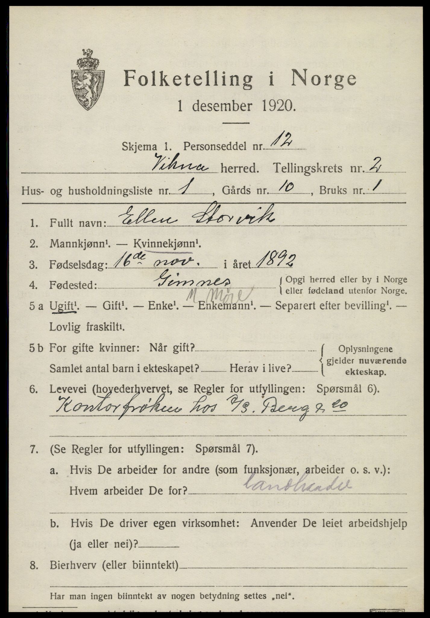 SAT, 1920 census for Vikna, 1920, p. 1577