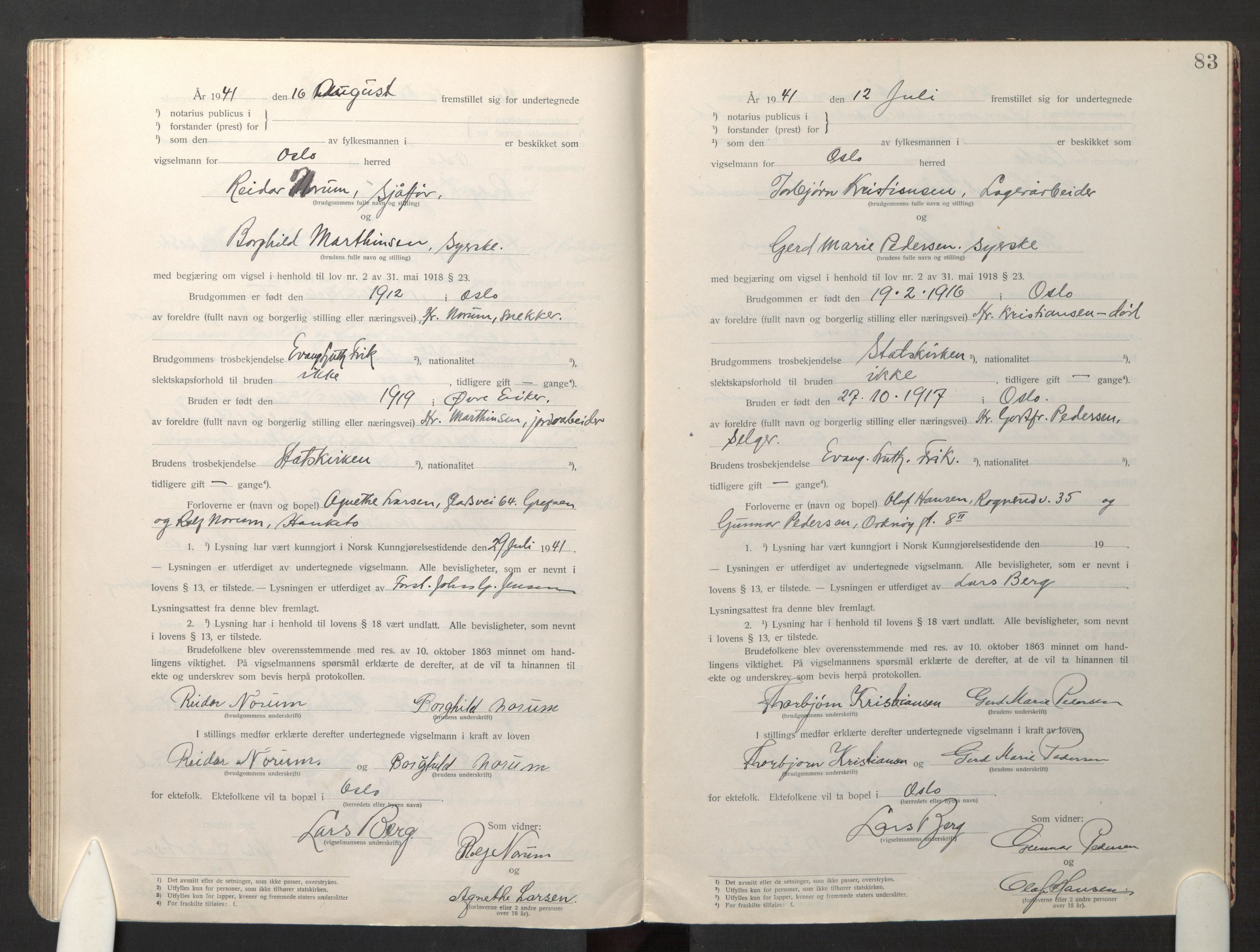 Den evangelisk-lutherske frikirke østre menighet, Oslo, SAO/PAO-0245/F/L0005: Marriage register (dissenter) no. 5, 1920-1941, p. 83