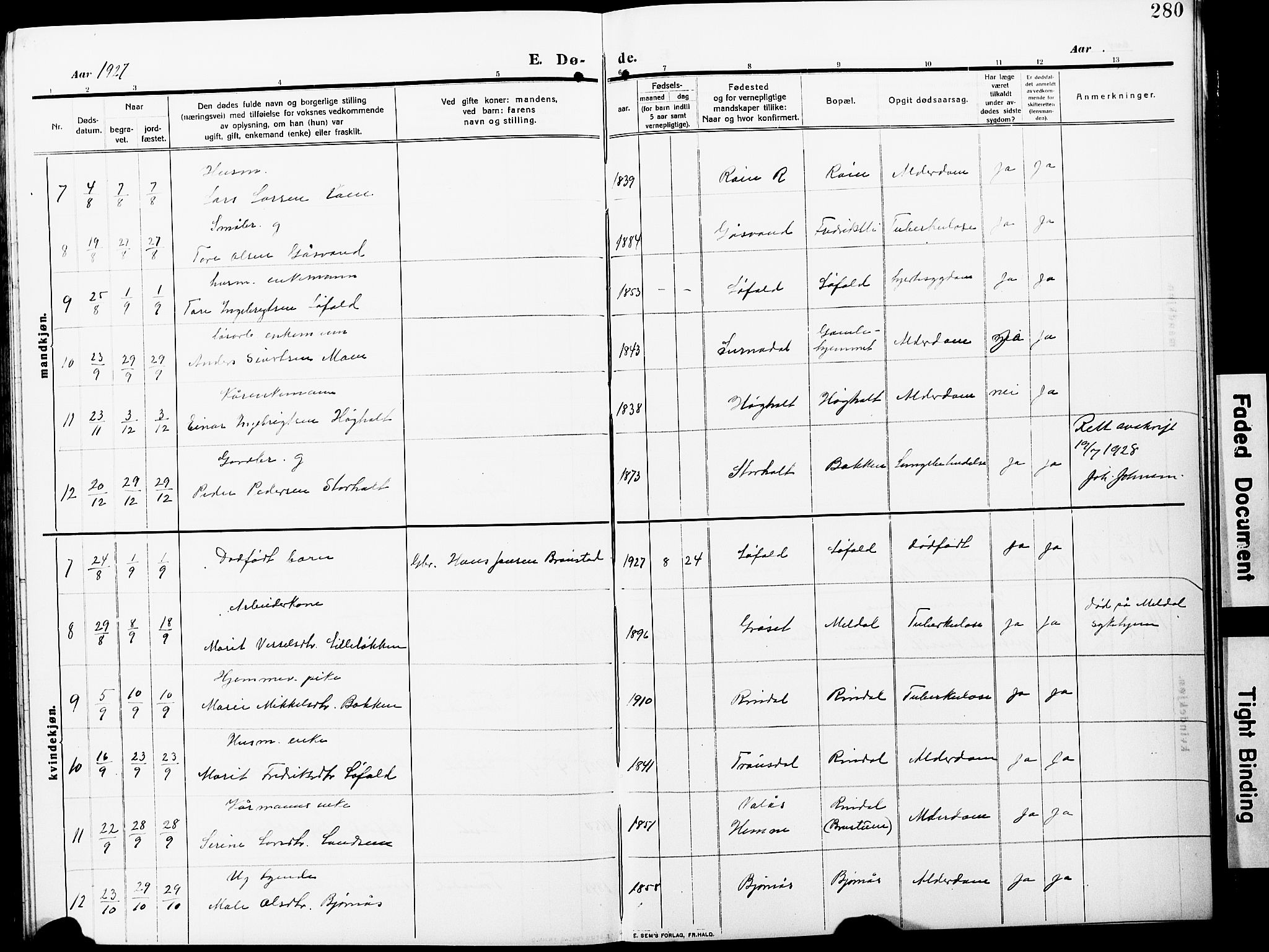 Ministerialprotokoller, klokkerbøker og fødselsregistre - Møre og Romsdal, AV/SAT-A-1454/598/L1079: Parish register (copy) no. 598C04, 1909-1927, p. 280