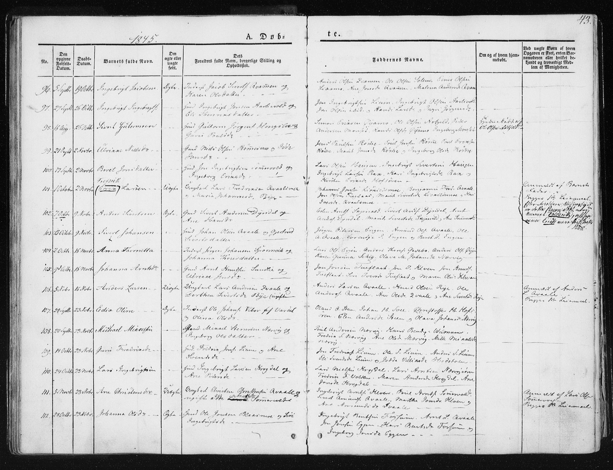 Ministerialprotokoller, klokkerbøker og fødselsregistre - Sør-Trøndelag, SAT/A-1456/668/L0805: Parish register (official) no. 668A05, 1840-1853, p. 43