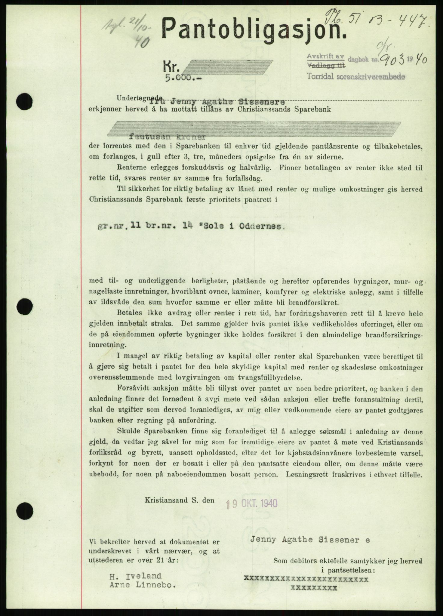 Torridal sorenskriveri, AV/SAK-1221-0012/G/Gb/Gbb/L0007: Mortgage book no. 51b, 1939-1940, Diary no: : 903/1940