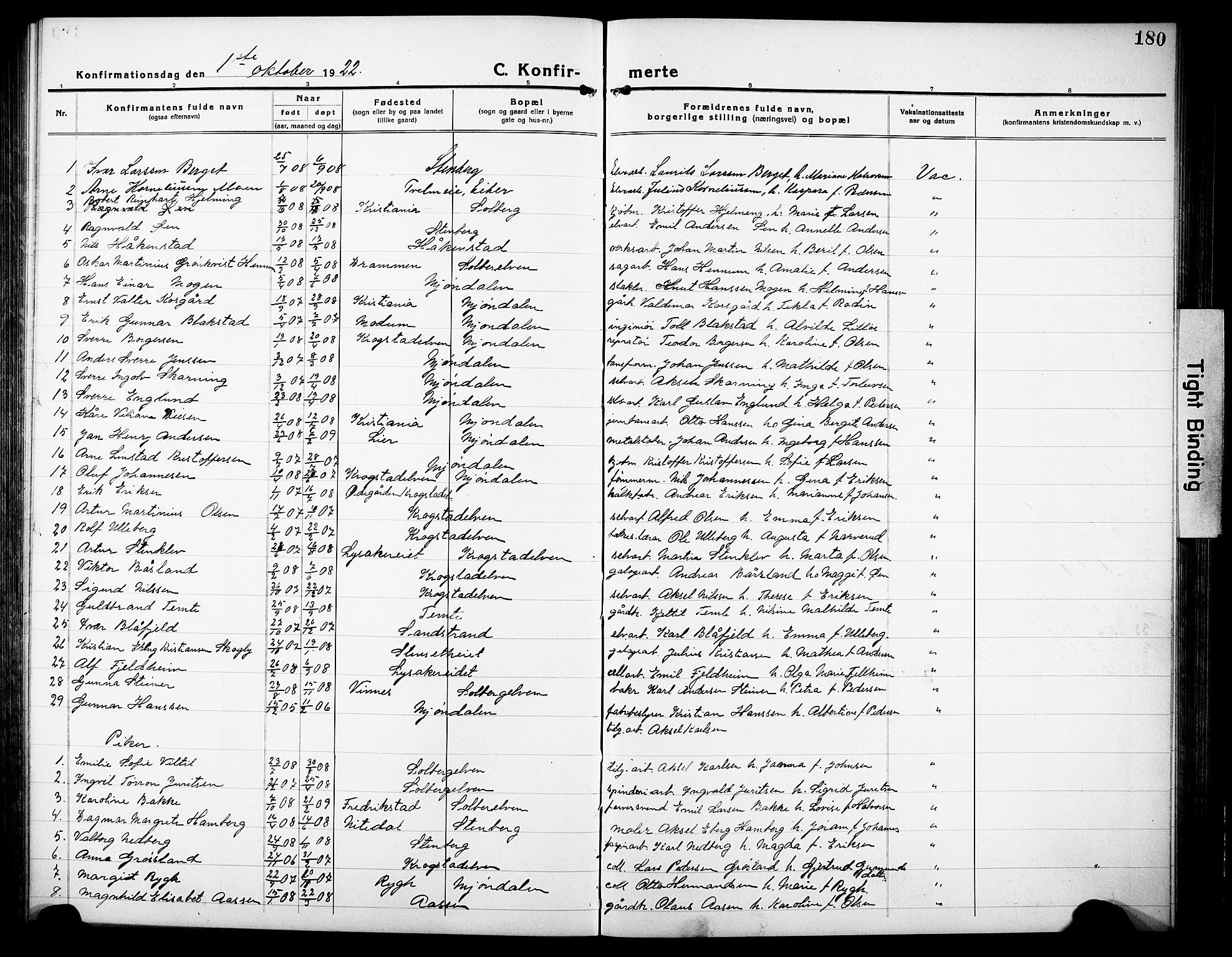 Nedre Eiker kirkebøker, AV/SAKO-A-612/G/Ga/L0006: Parish register (copy) no. 6, 1922-1933, p. 180