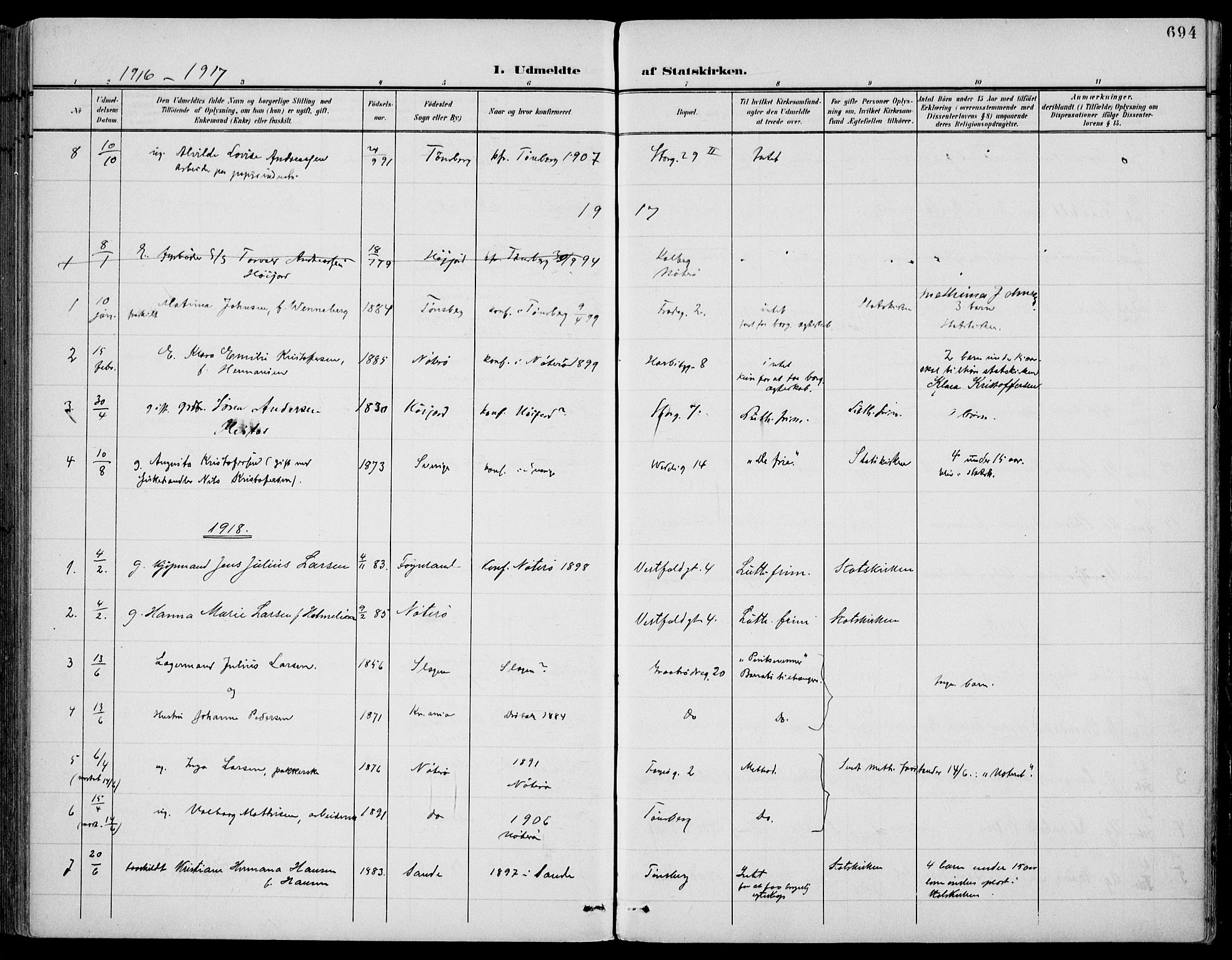 Tønsberg kirkebøker, AV/SAKO-A-330/F/Fa/L0013: Parish register (official) no. I 13, 1900-1913, p. 694