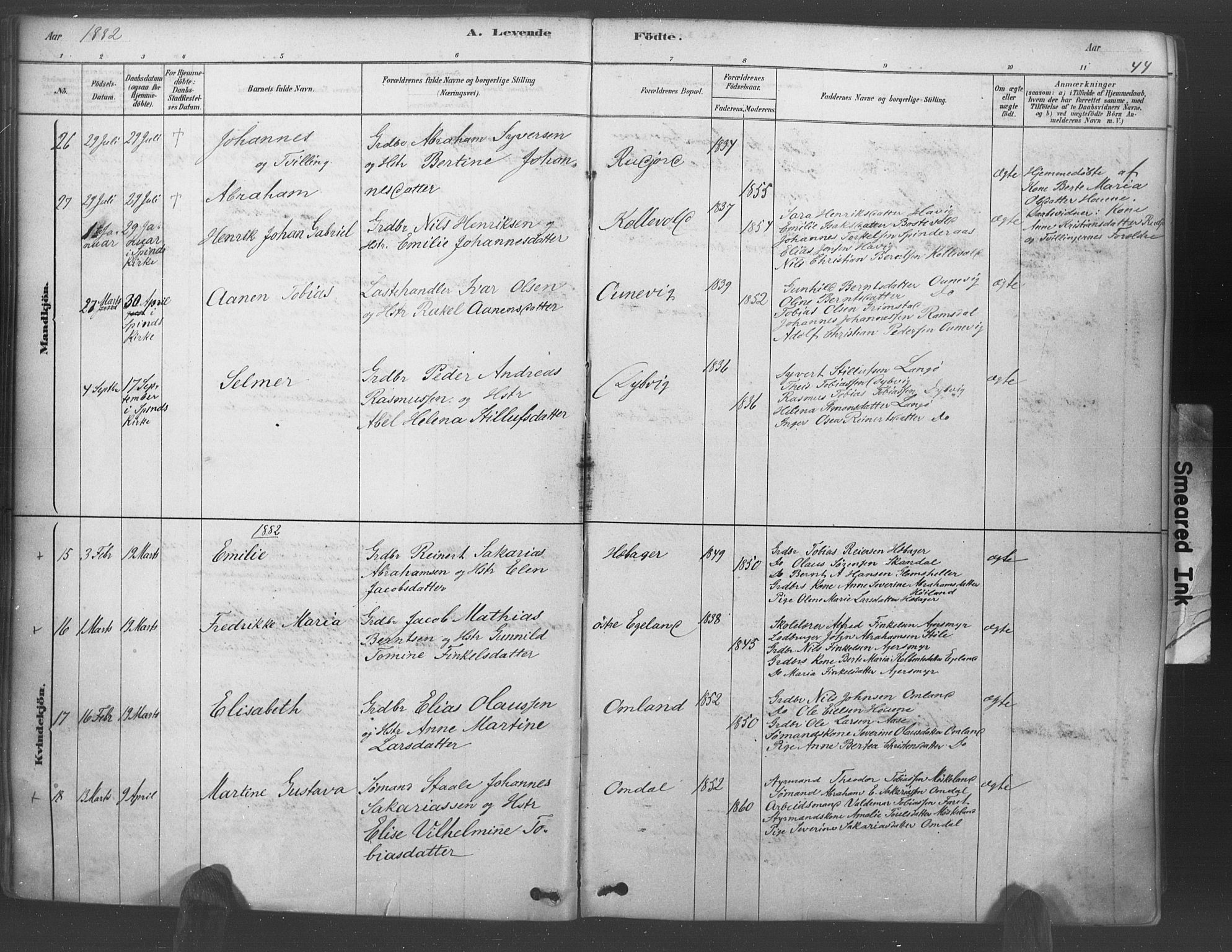 Lyngdal sokneprestkontor, SAK/1111-0029/F/Fa/Fac/L0011: Parish register (official) no. A 11, 1878-1893, p. 44