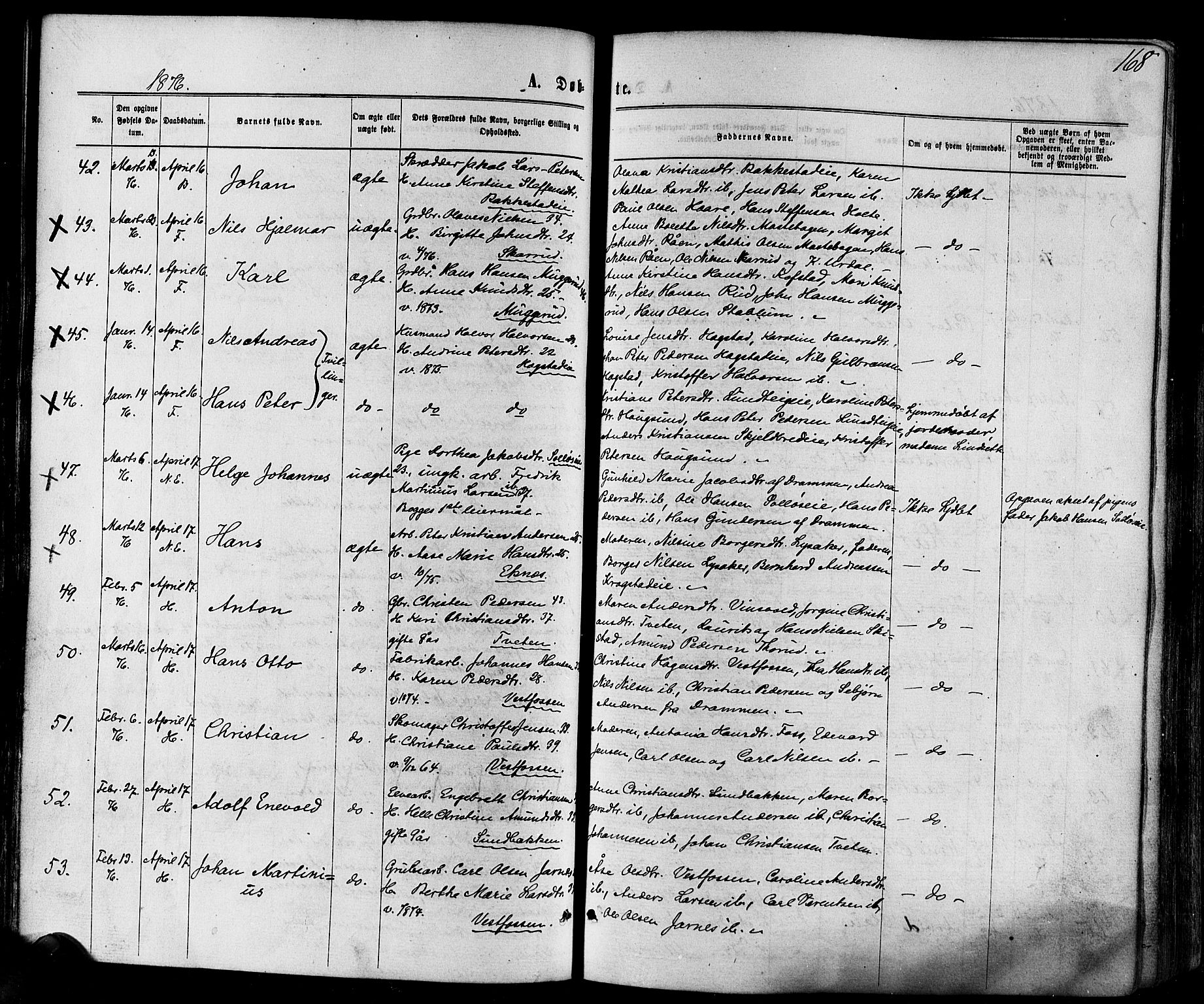 Eiker kirkebøker, AV/SAKO-A-4/F/Fa/L0017: Parish register (official) no. I 17, 1869-1877, p. 168