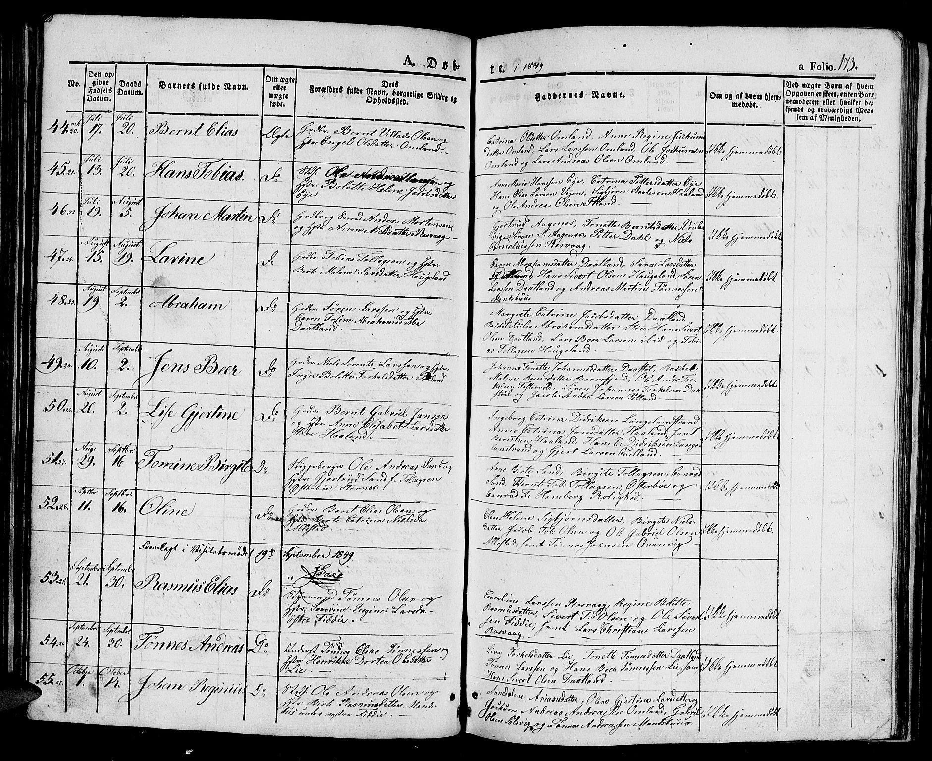 Flekkefjord sokneprestkontor, SAK/1111-0012/F/Fb/Fbb/L0002: Parish register (copy) no. B 2a, 1831-1866, p. 173