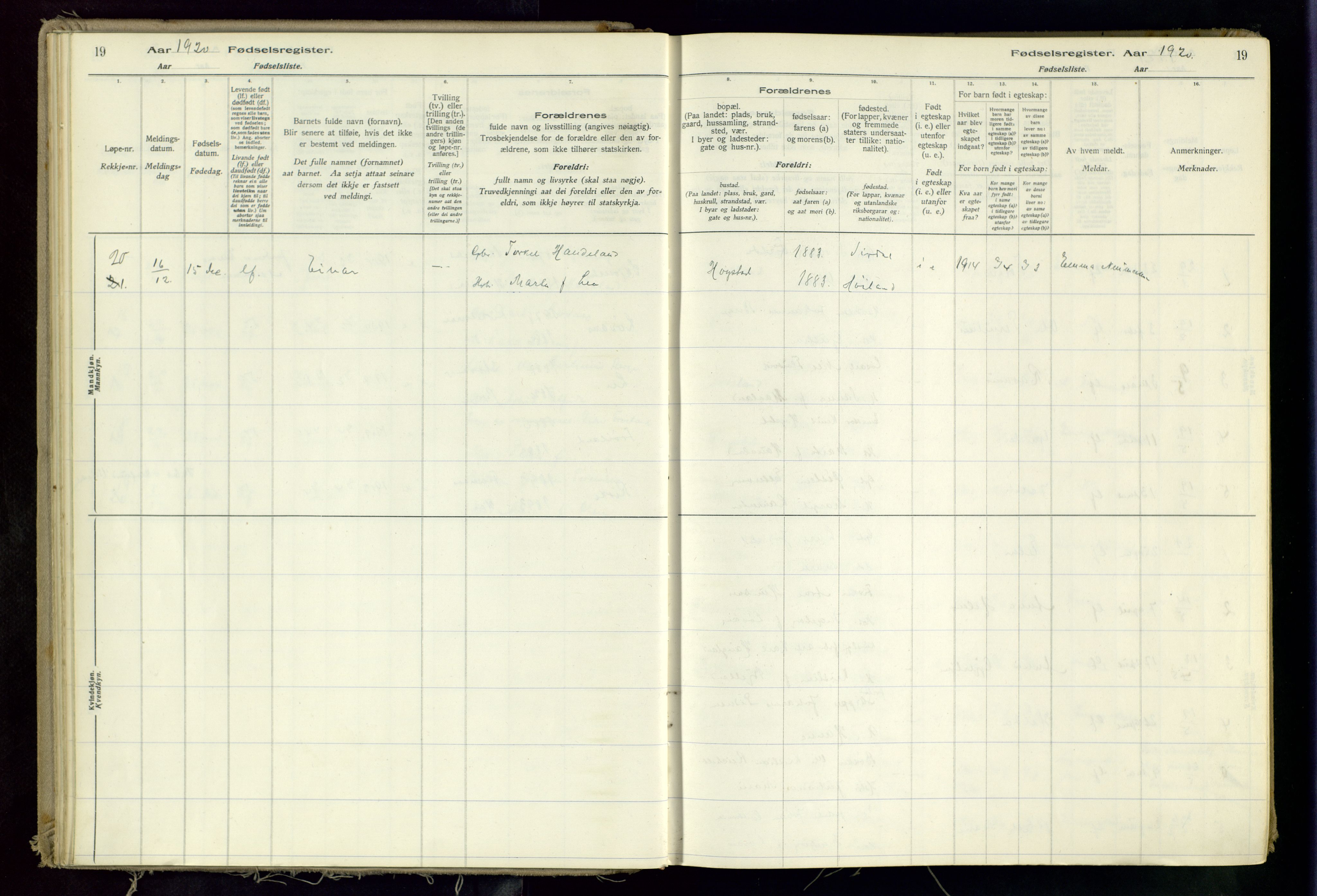 Hetland sokneprestkontor, SAST/A-101826/70/704BA/L0002: Birth register no. 2, 1916-1968, p. 19