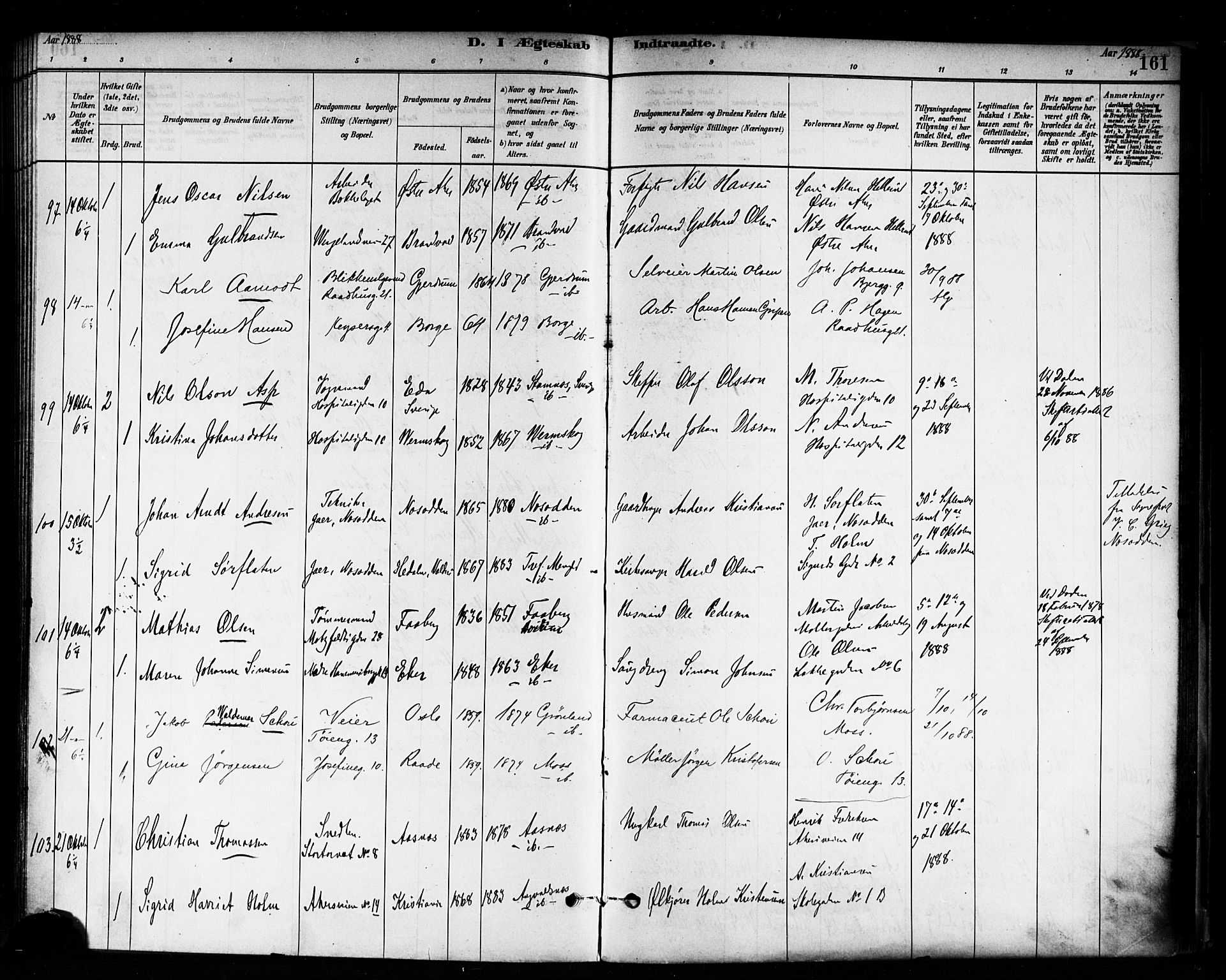 Trefoldighet prestekontor Kirkebøker, AV/SAO-A-10882/F/Fc/L0003: Parish register (official) no. III 3, 1881-1891, p. 161