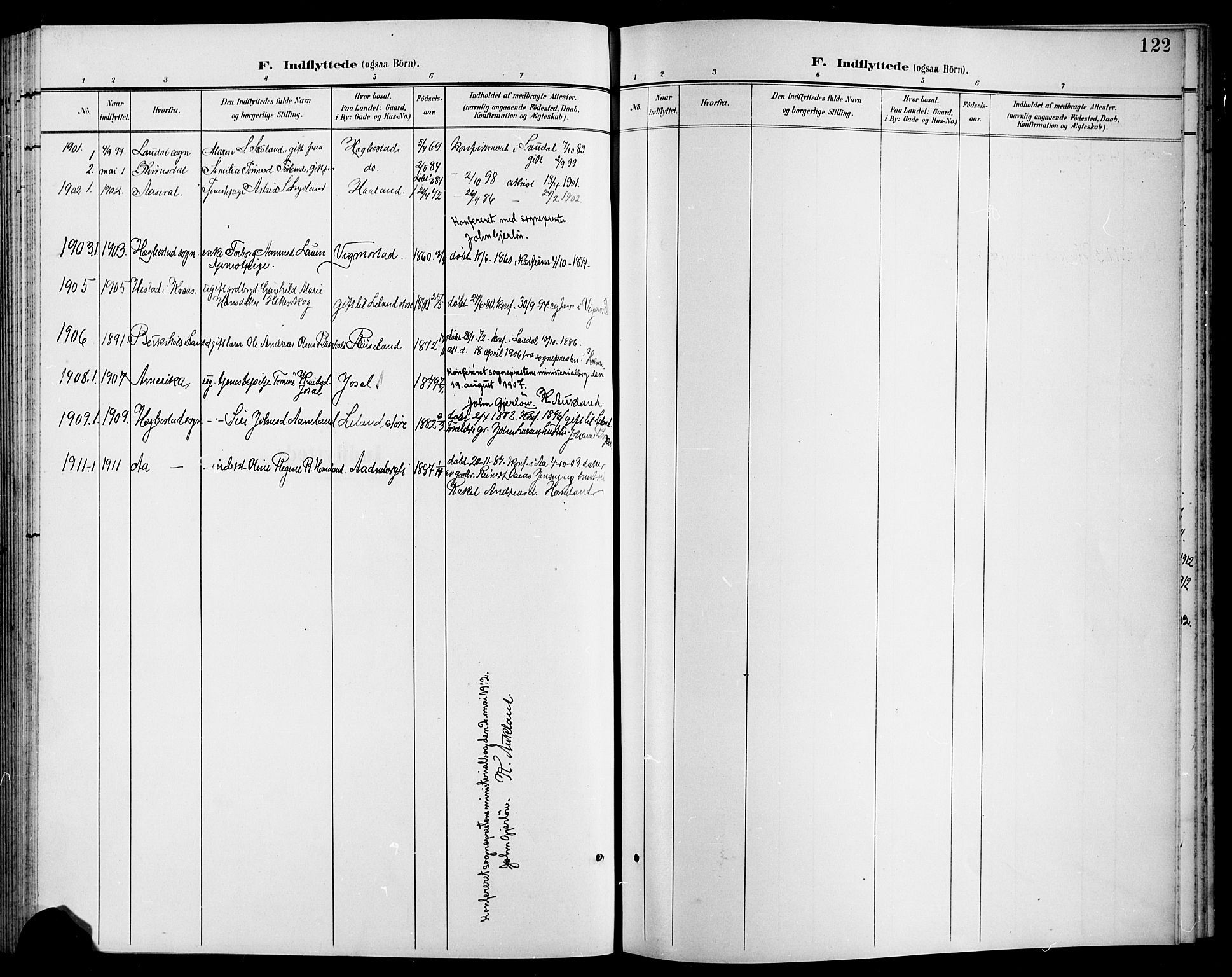 Nord-Audnedal sokneprestkontor, AV/SAK-1111-0032/F/Fb/Fbb/L0004: Parish register (copy) no. B 4, 1901-1917, p. 122