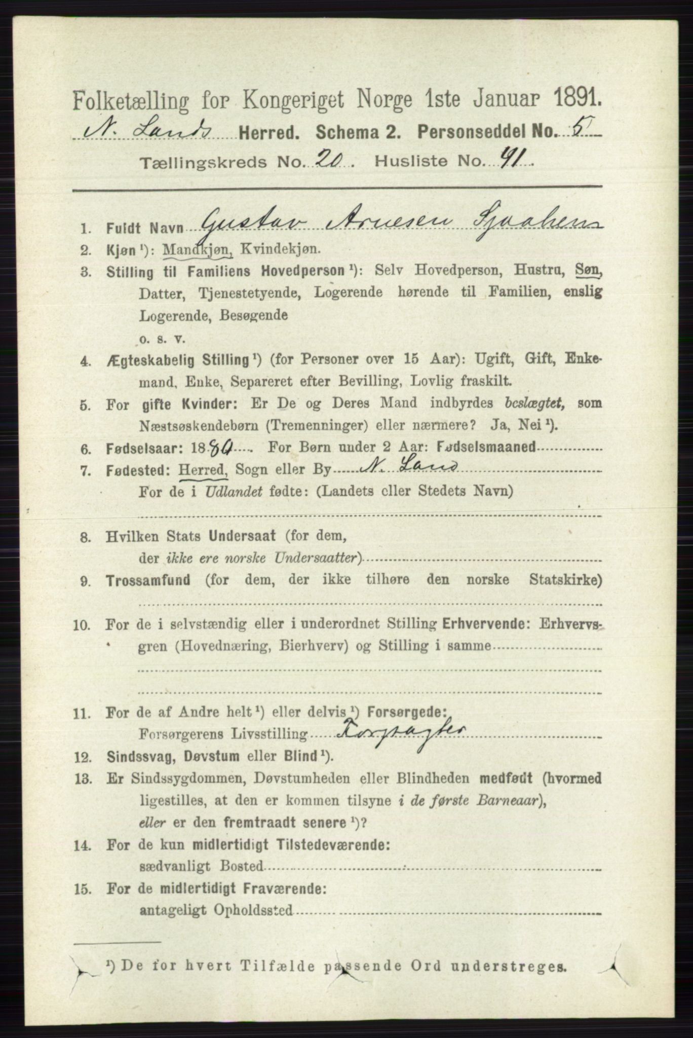 RA, 1891 census for 0538 Nordre Land, 1891, p. 5115