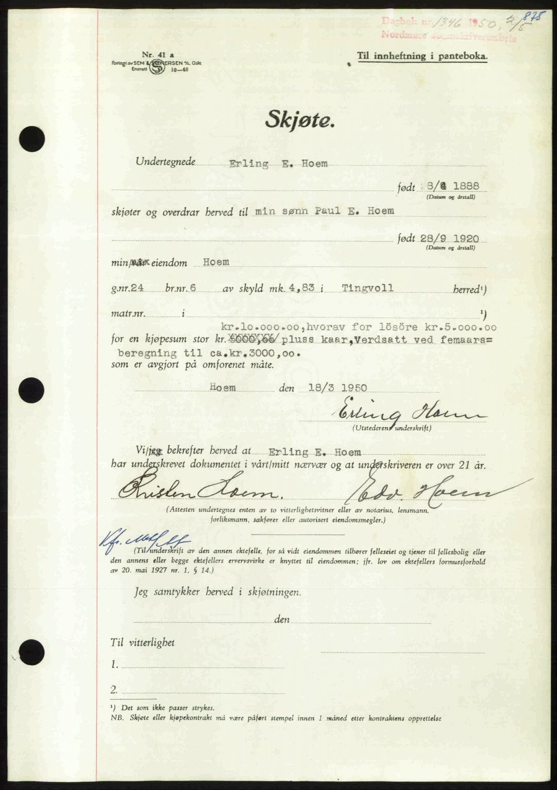 Nordmøre sorenskriveri, AV/SAT-A-4132/1/2/2Ca: Mortgage book no. A114, 1950-1950, Diary no: : 1346/1950