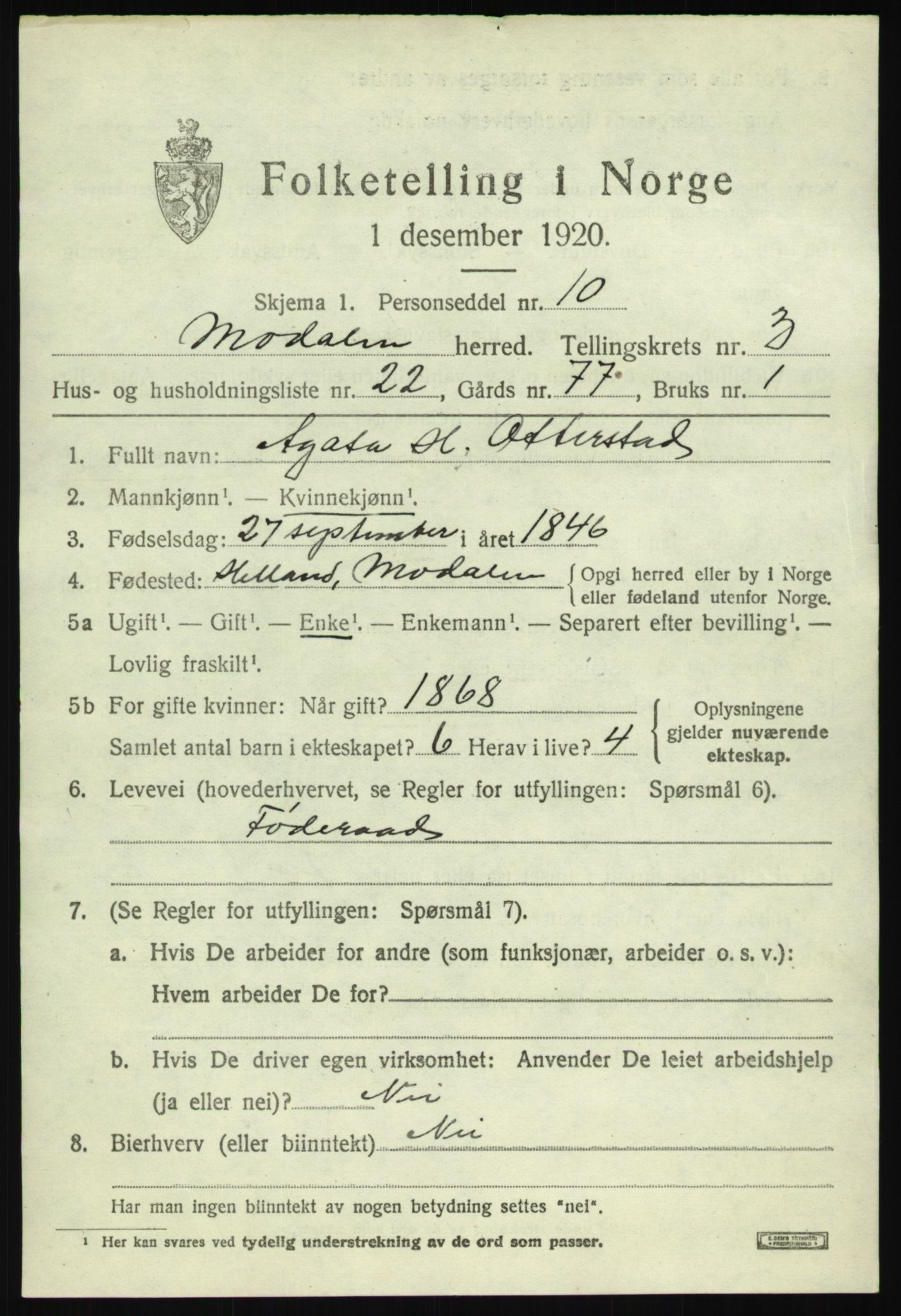 SAB, 1920 census for Modalen, 1920, p. 802