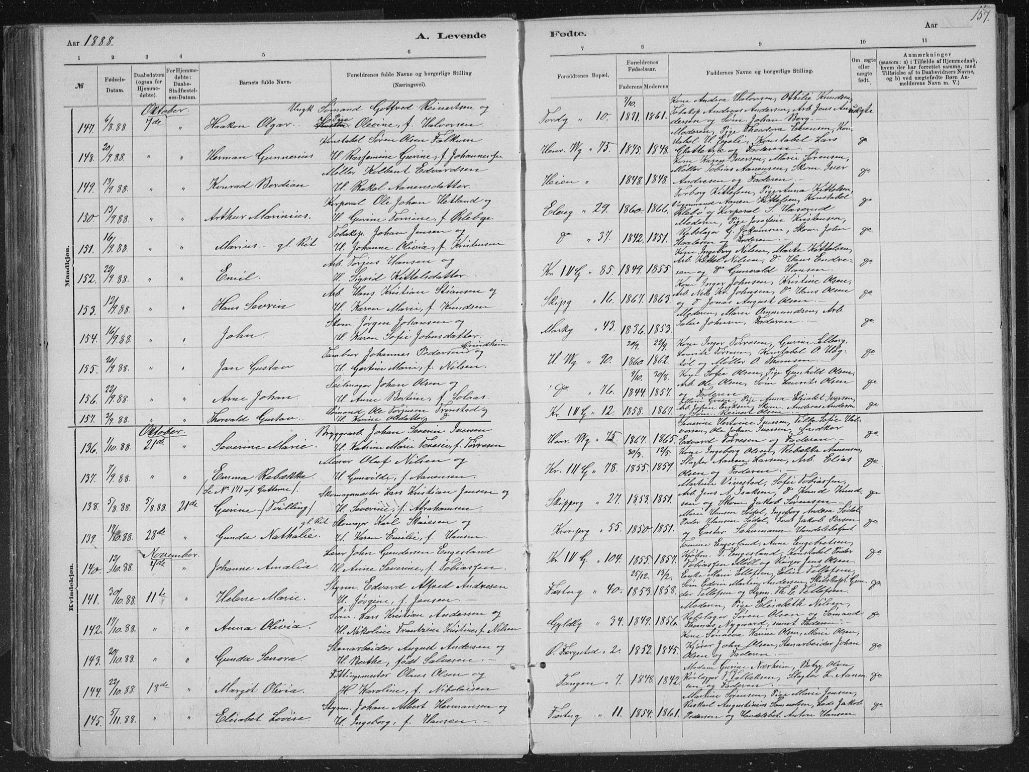 Kristiansand domprosti, SAK/1112-0006/F/Fb/L0014: Parish register (copy) no. B 14, 1881-1896, p. 157