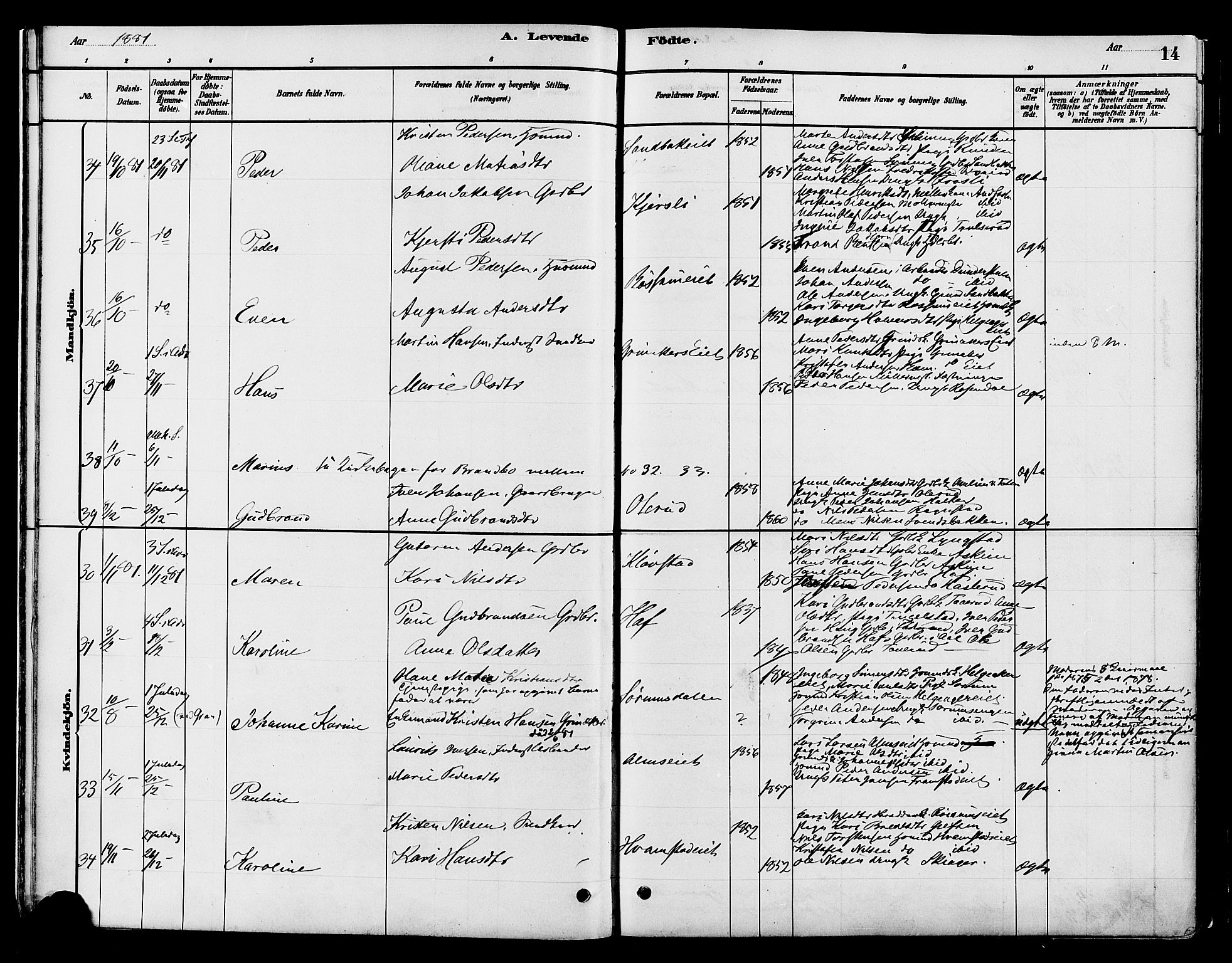 Gran prestekontor, SAH/PREST-112/H/Ha/Haa/L0016: Parish register (official) no. 16, 1880-1888, p. 14