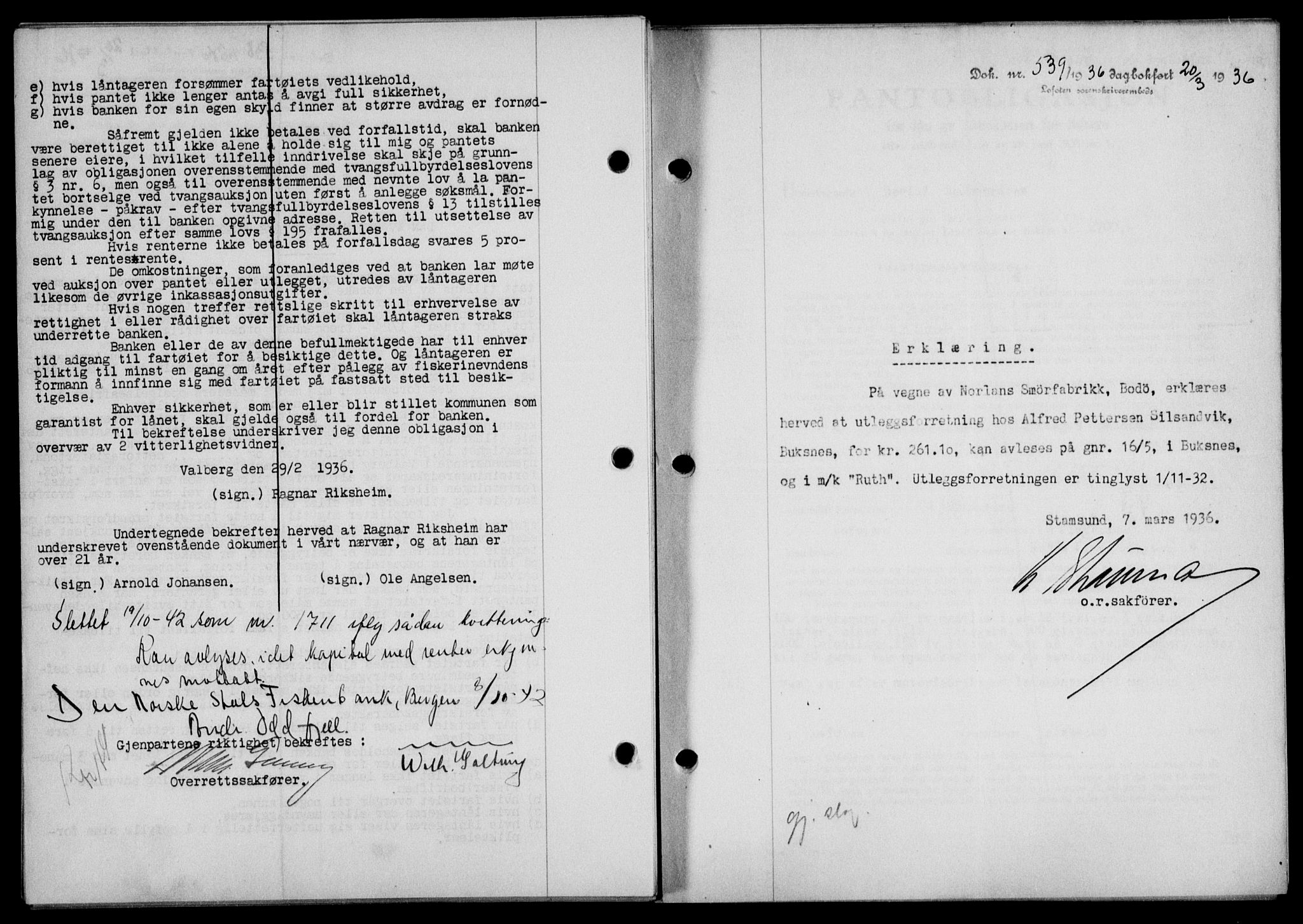 Lofoten sorenskriveri, SAT/A-0017/1/2/2C/L0033b: Mortgage book no. 33b, 1936-1936, Diary no: : 539/1936
