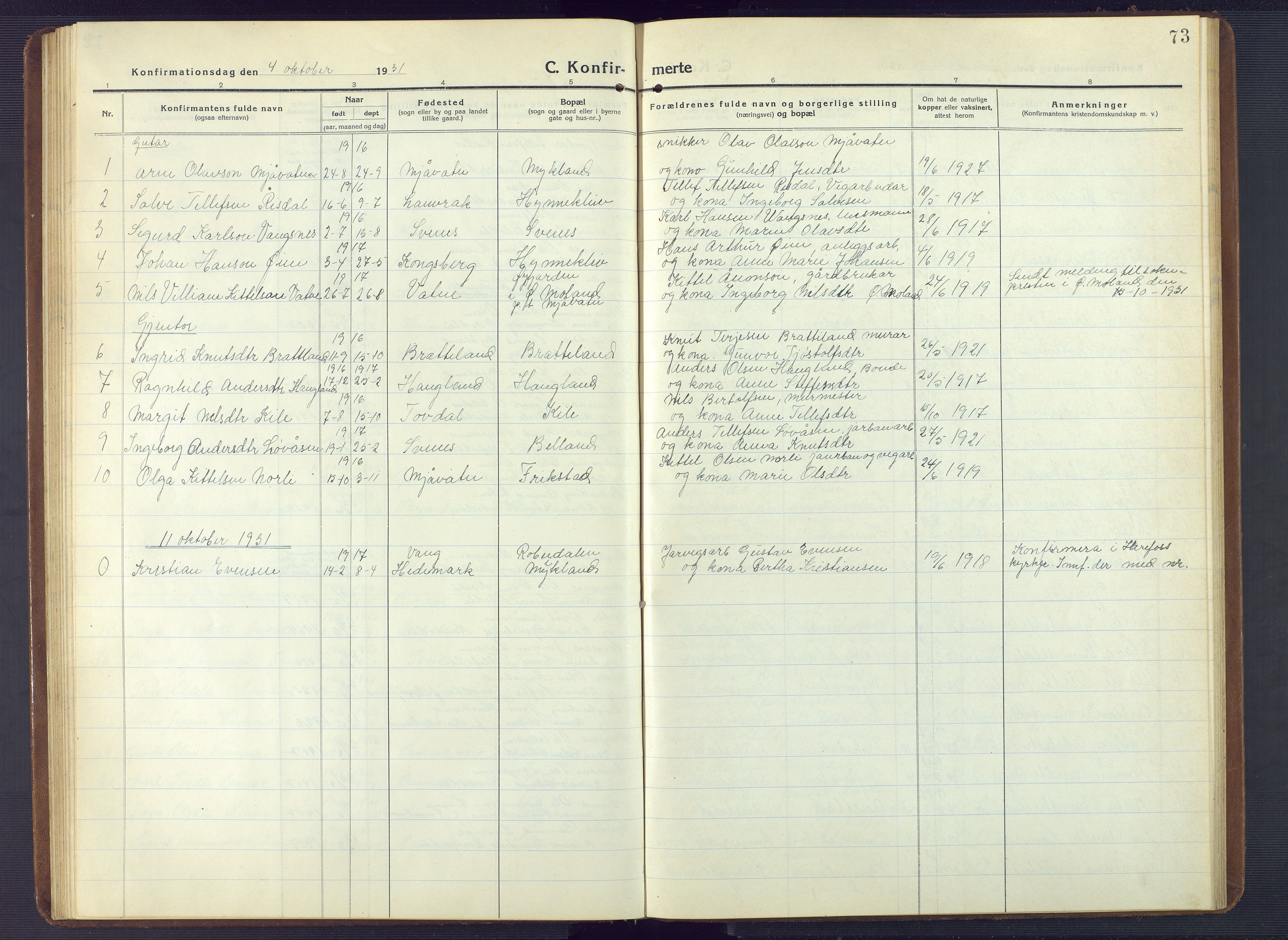 Herefoss sokneprestkontor, AV/SAK-1111-0019/F/Fb/Fbc/L0004: Parish register (copy) no. B 4, 1914-1946, p. 73