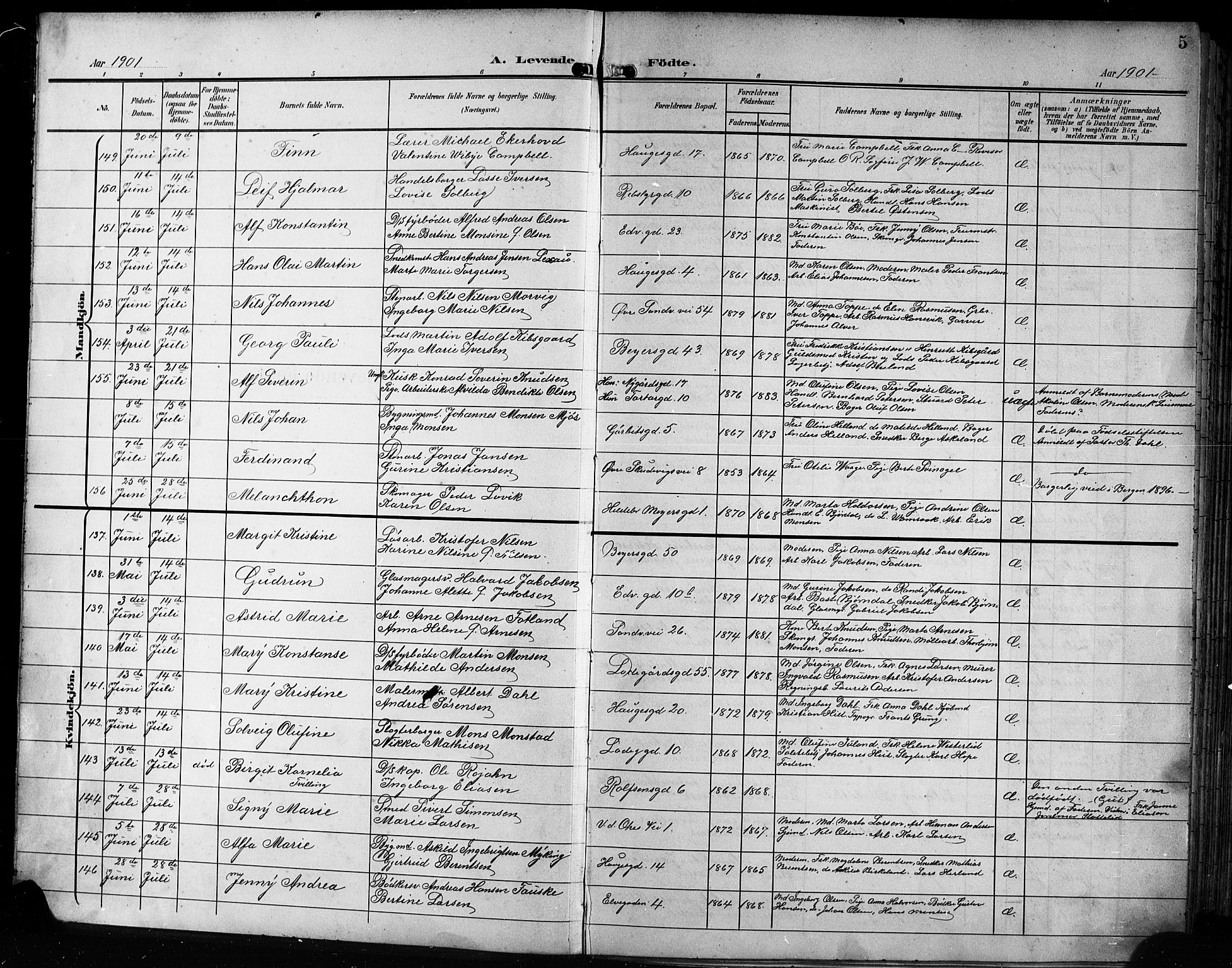 Sandviken Sokneprestembete, SAB/A-77601/H/Hb/L0004: Parish register (copy) no. B 1, 1901-1914, p. 5