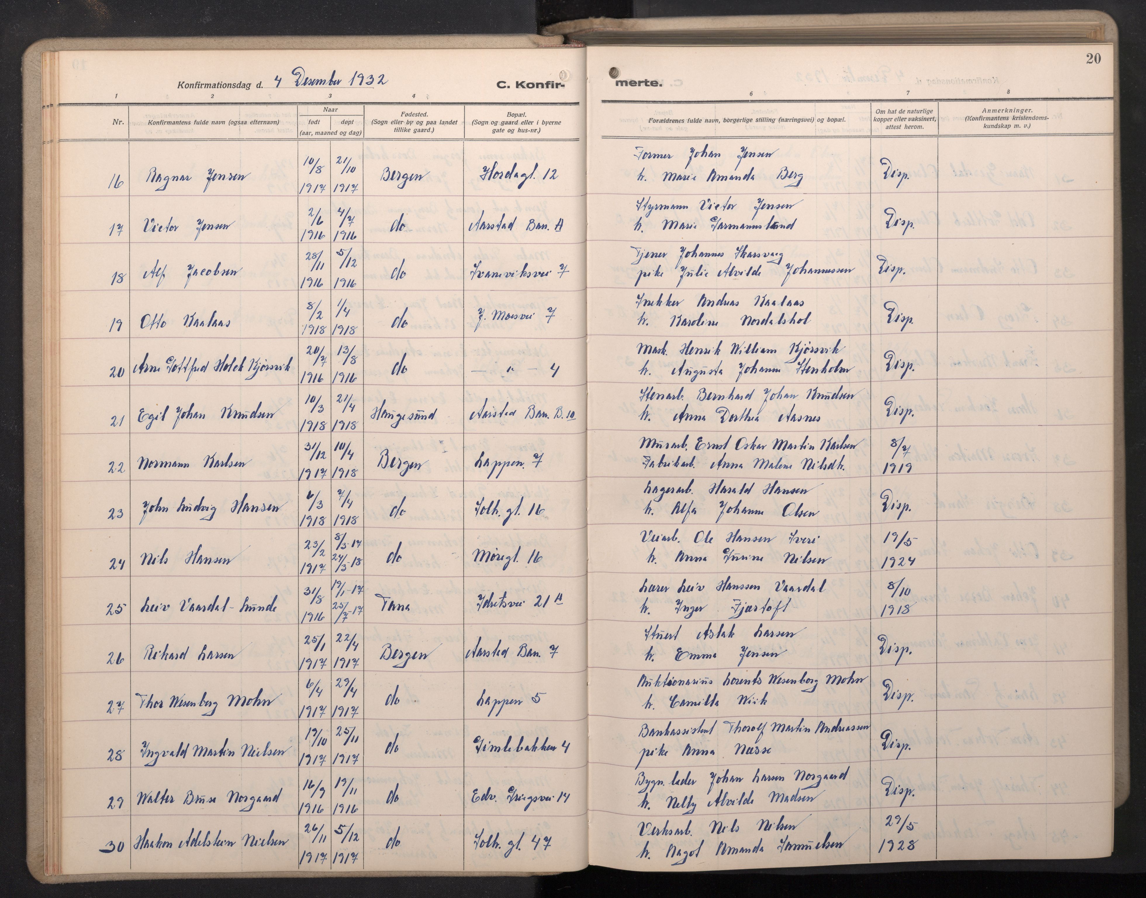 Årstad Sokneprestembete, AV/SAB-A-79301/H/Hab/L0015: Parish register (copy) no. B 5, 1932-1945, p. 19b-20a