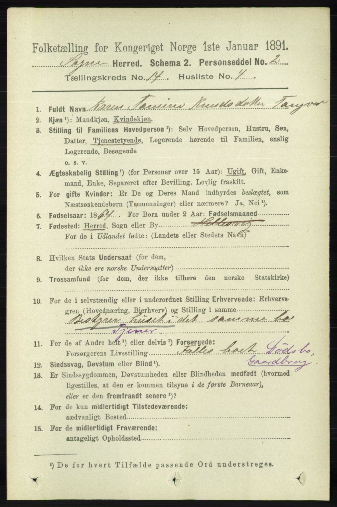 RA, 1891 census for 1018 Søgne, 1891, p. 3422