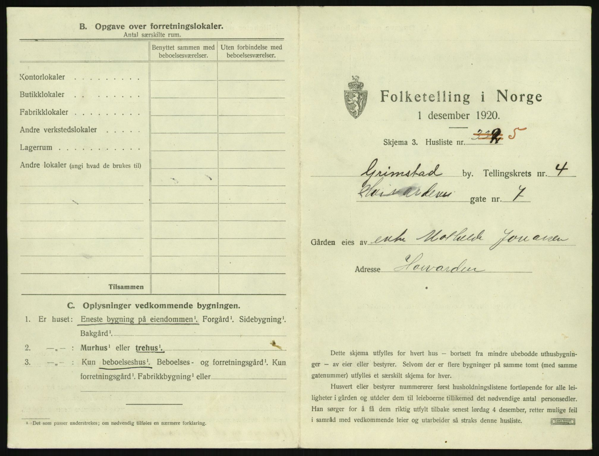 SAK, 1920 census for Grimstad, 1920, p. 617