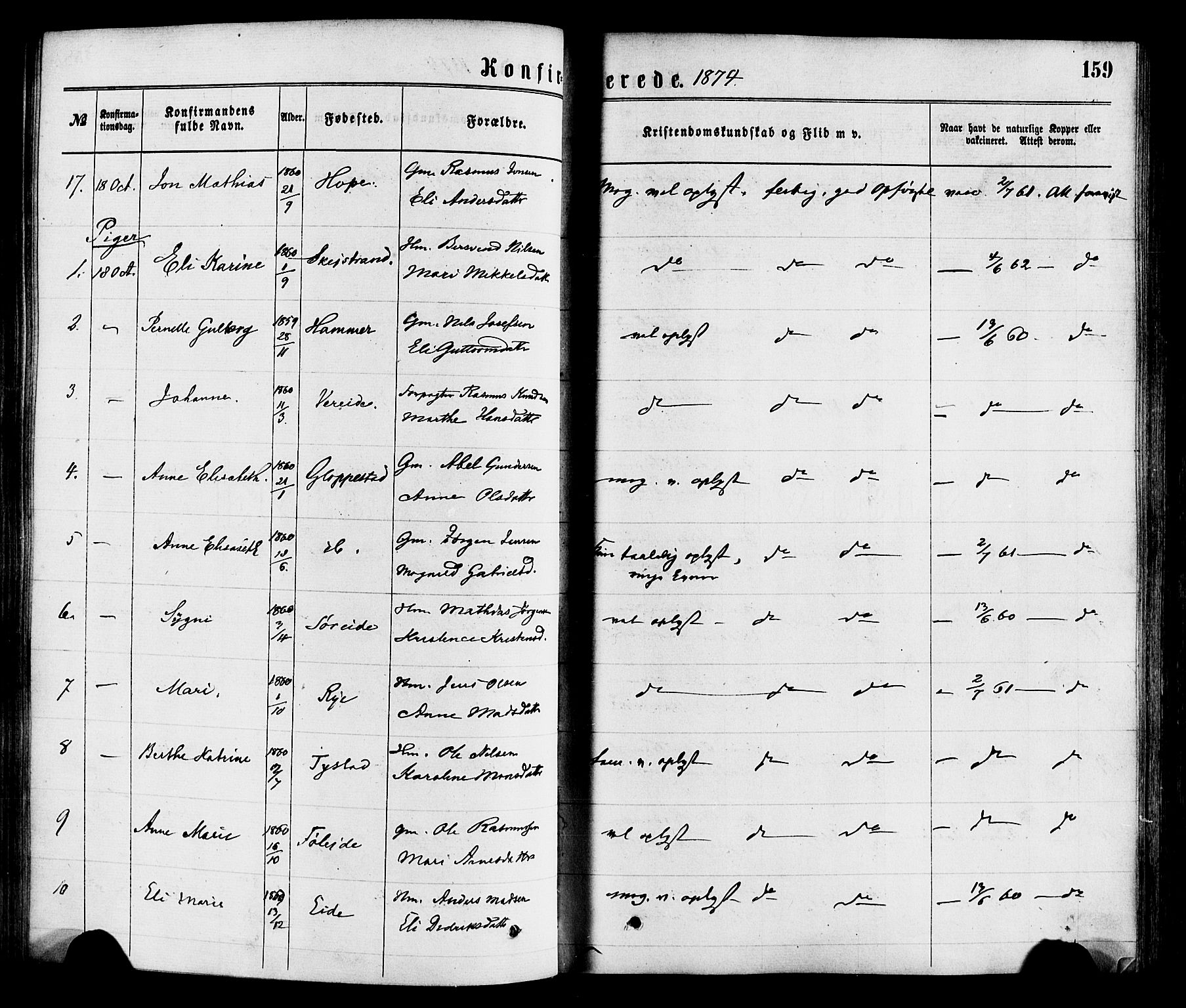 Gloppen sokneprestembete, AV/SAB-A-80101/H/Haa/Haaa/L0010: Parish register (official) no. A 10, 1871-1884, p. 159