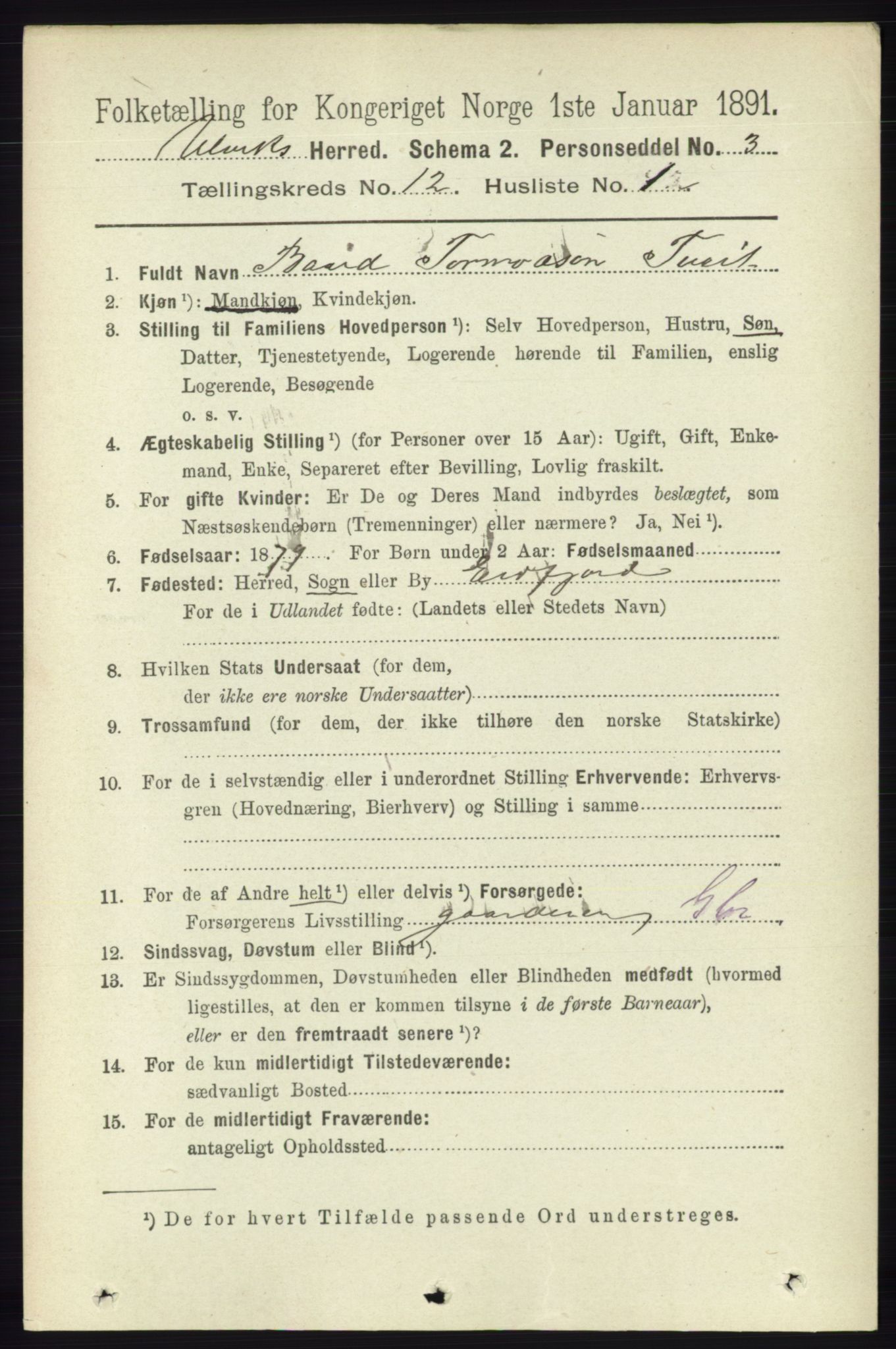 RA, 1891 census for 1233 Ulvik, 1891, p. 3645