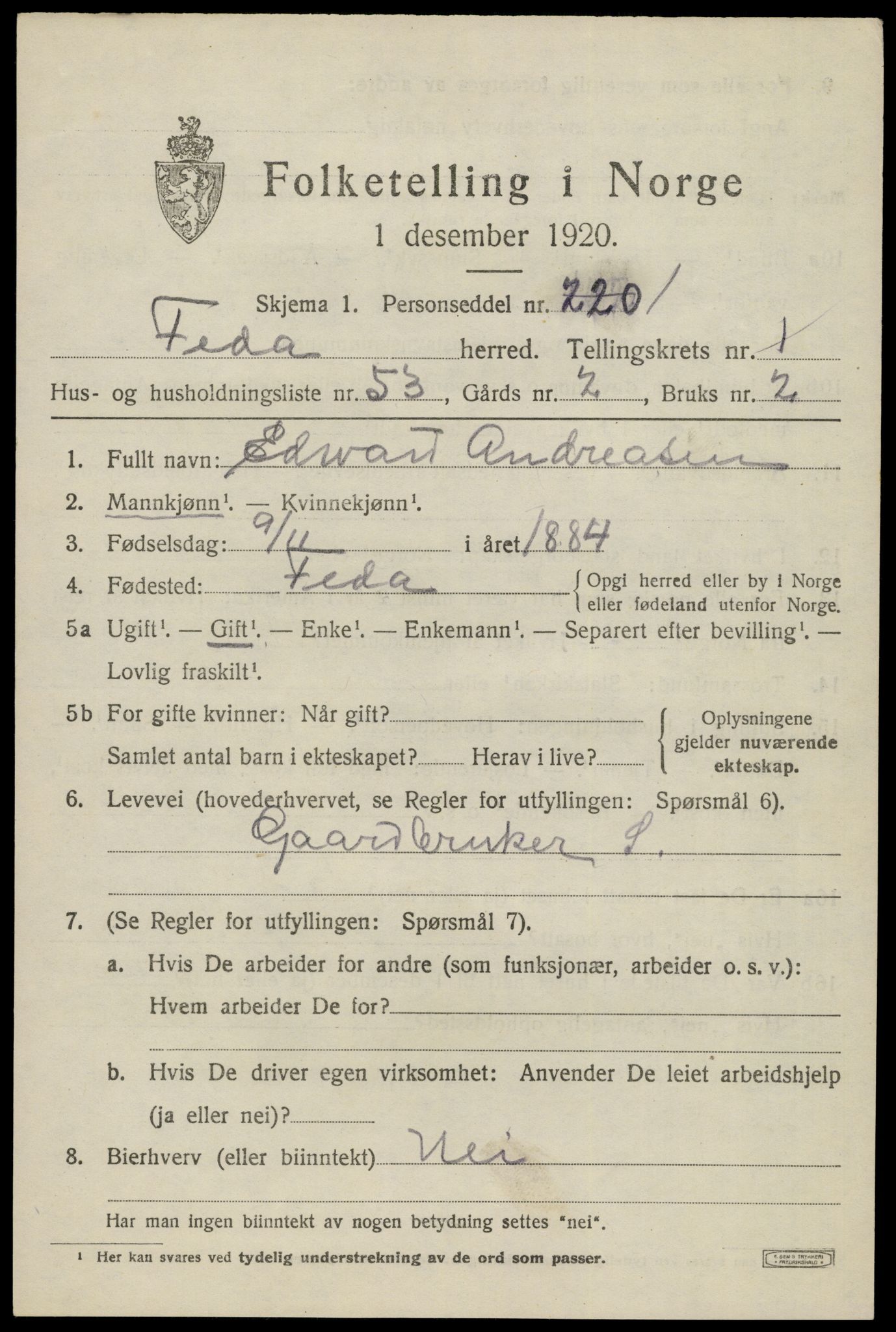 SAK, 1920 census for Feda, 1920, p. 895